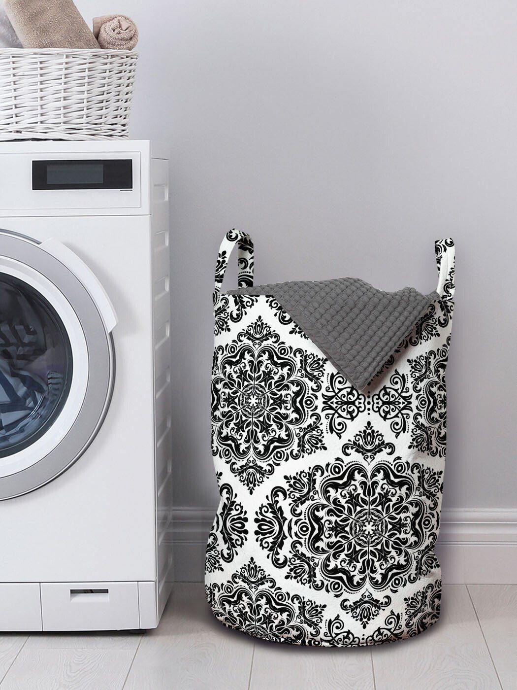 Abstrakt Wäschekorb Griffen mit Abakuhaus Damast-Motiv Waschsalons, Wäschesäckchen Monochrome Kordelzugverschluss für