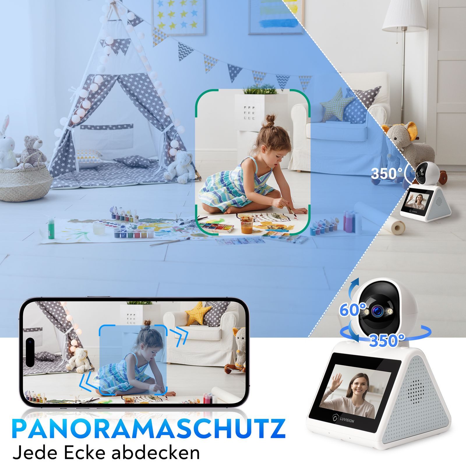 LUVISION Überwachungskamera C41Plus (Innenbereich, 1-tlg., WLAN PTZ Überwachung Kamera Autotracking Nachtsicht, Senioren, Baby, Mikrofon, 2-Wege Audio, App)