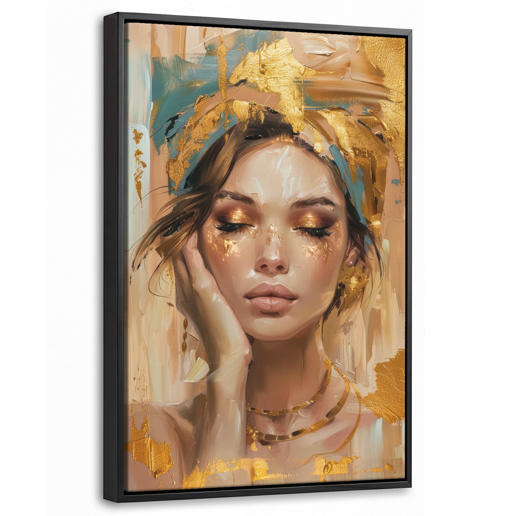 OneMillionCanvasses® Leinwandbild mit Rahmen - Frauen - Porträt - Luxus - Gold, Fotodruck (1 St), Deko für Wohnzimmer Schlafzimmer Küche 20x30cm