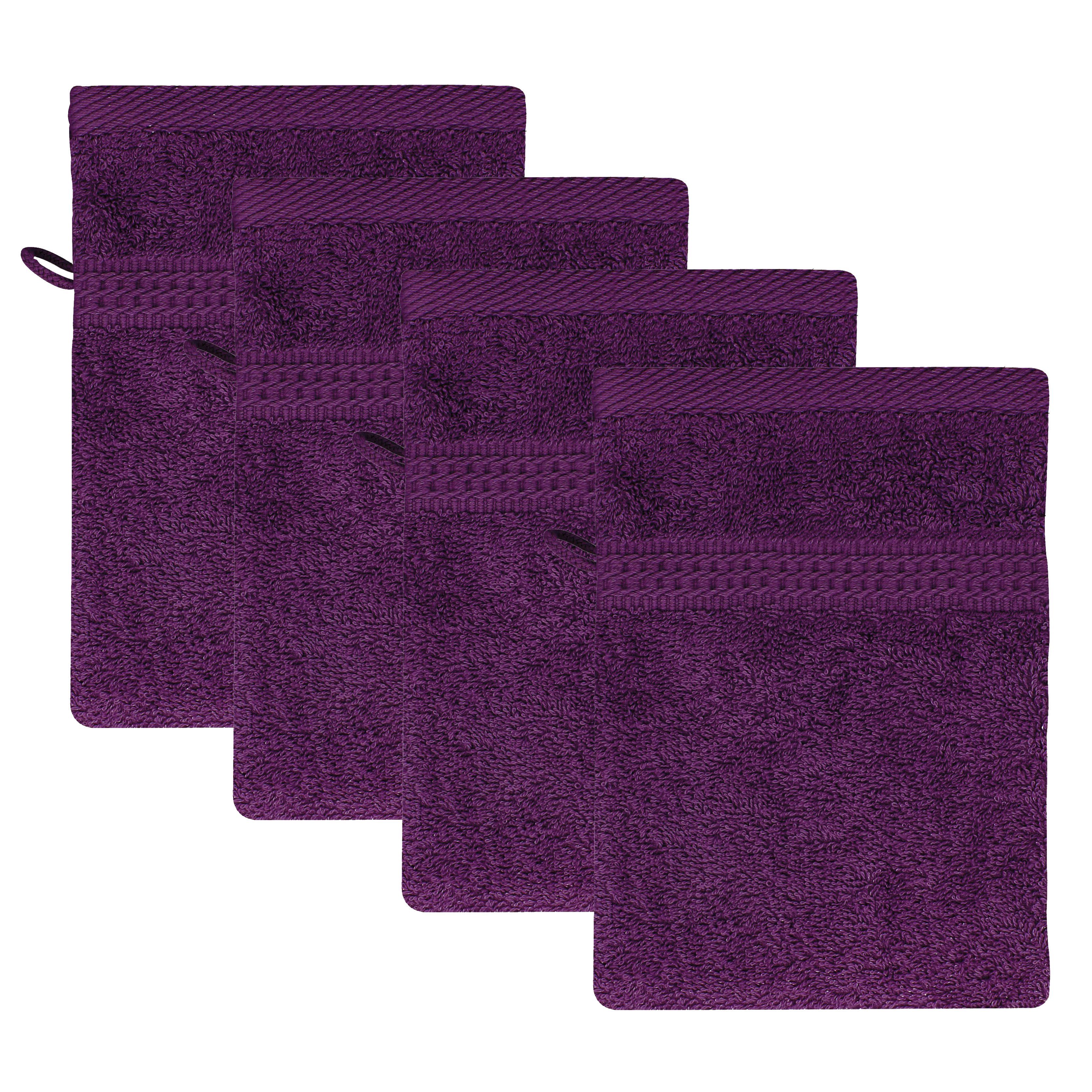 Baumwolle 100% (4-tlg), Waschhandschuh 4er Set TRENDBUY24 Aubergine 100% Waschhandschuhe Frottee Baumwolle