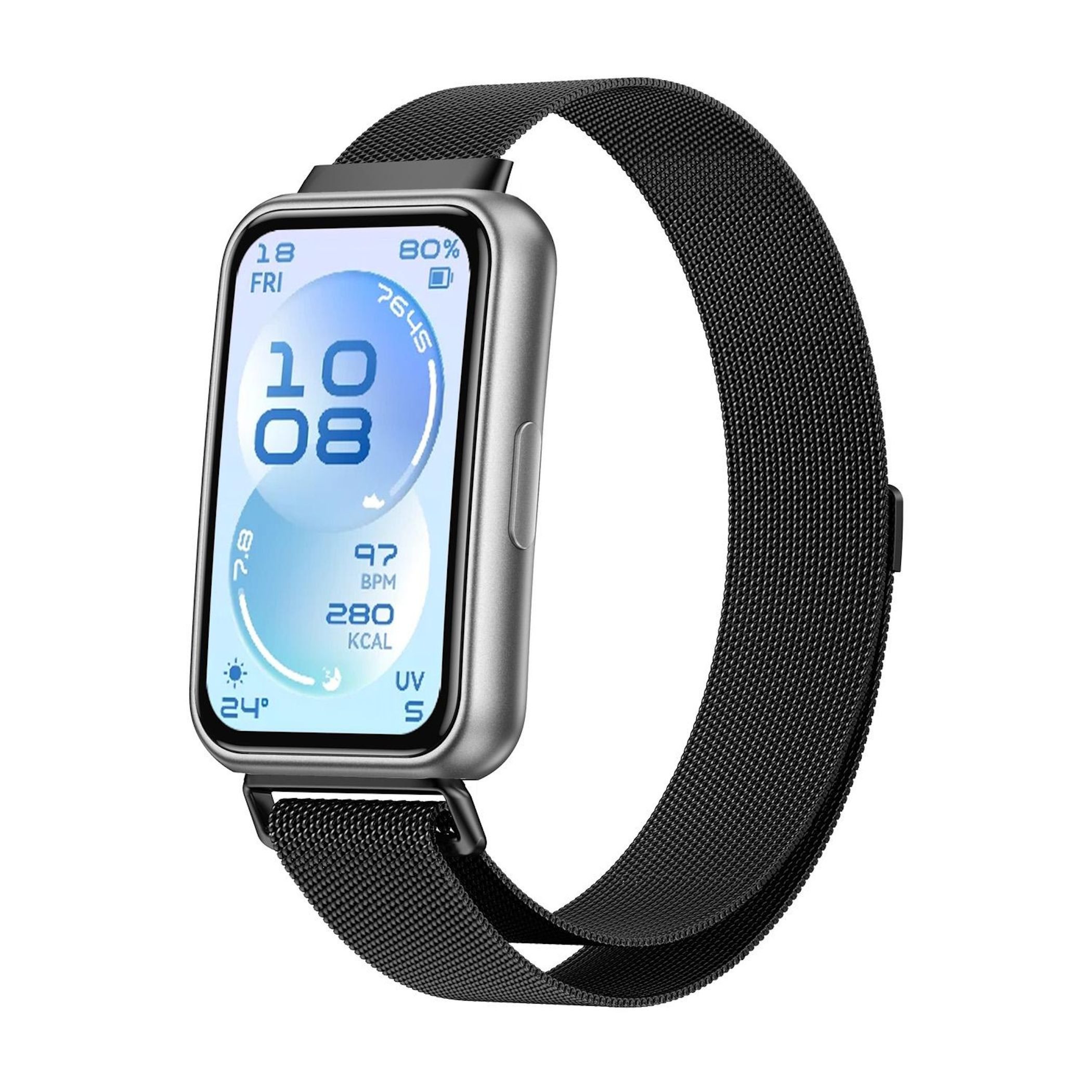 Wigento Smartwatch-Armband Edelstahl für Huawei Band 11 / 11 Pro / 10 Milan Magnet Band Schwarz, Milanese Edelstahlarmband mit Magnetverschluss