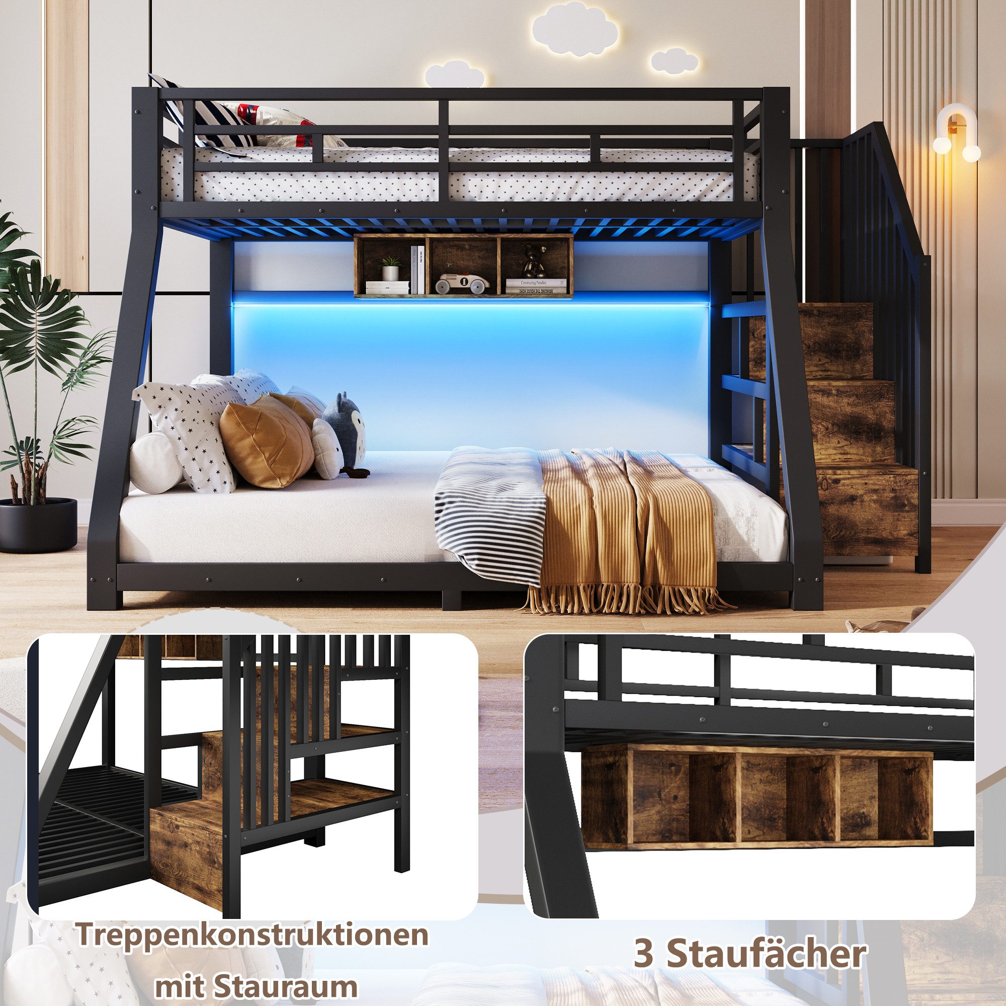 Odikalo Bunk Bed 90x200 140x200 Children's Bed Youth Bed with LED Storage Staircase (With LED light strips, three storage compartments, staircase construction with storage space, railing, step, EN747 certified, without mattress, metal)