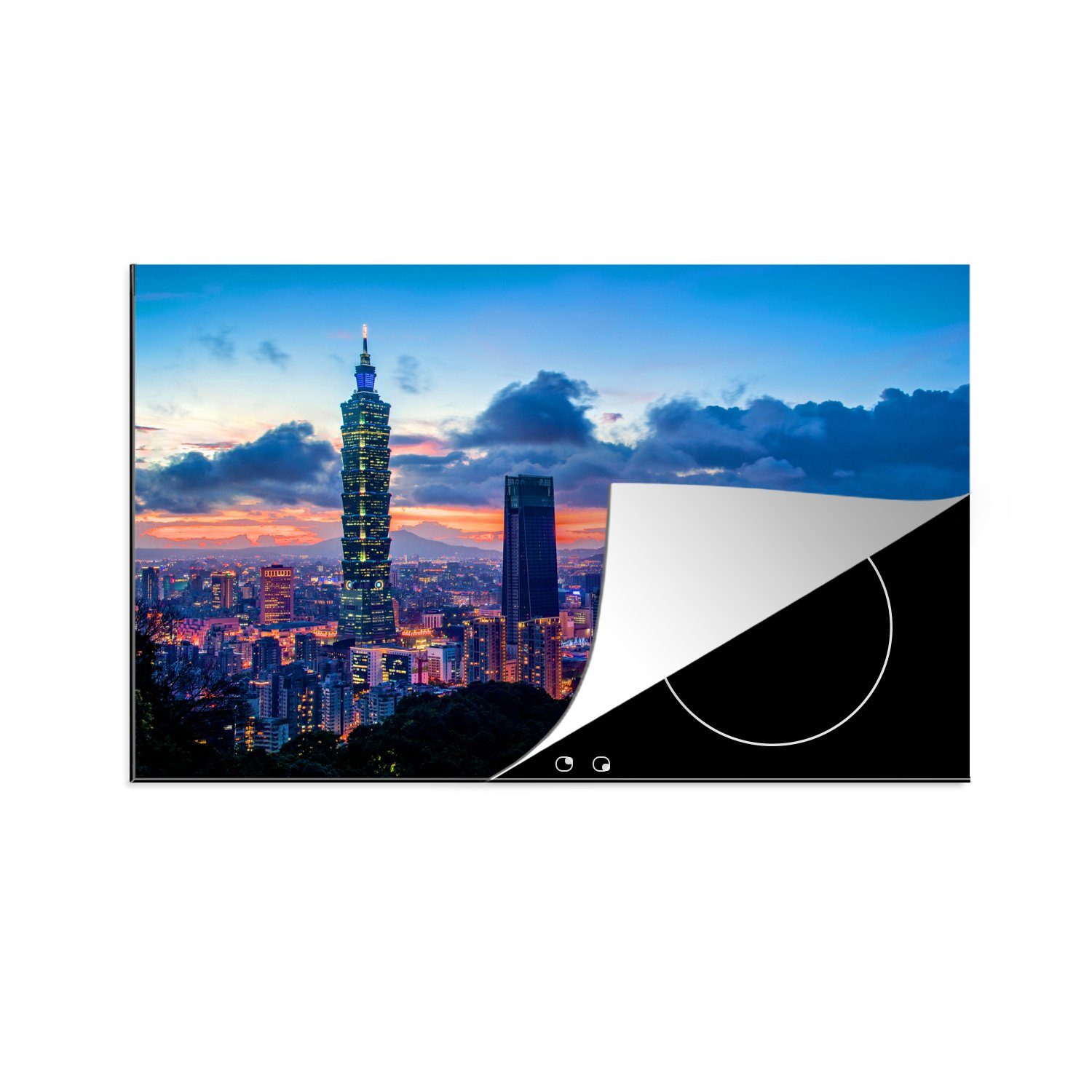 MuchoWow Herdblende-/Abdeckplatte Farbenfroher Sonnenuntergang am Taipei 101 in Asien, Vinyl, (1 tlg), 81x52 cm, Induktionskochfeld Schutz für die küche, Ceranfeldabdeckung