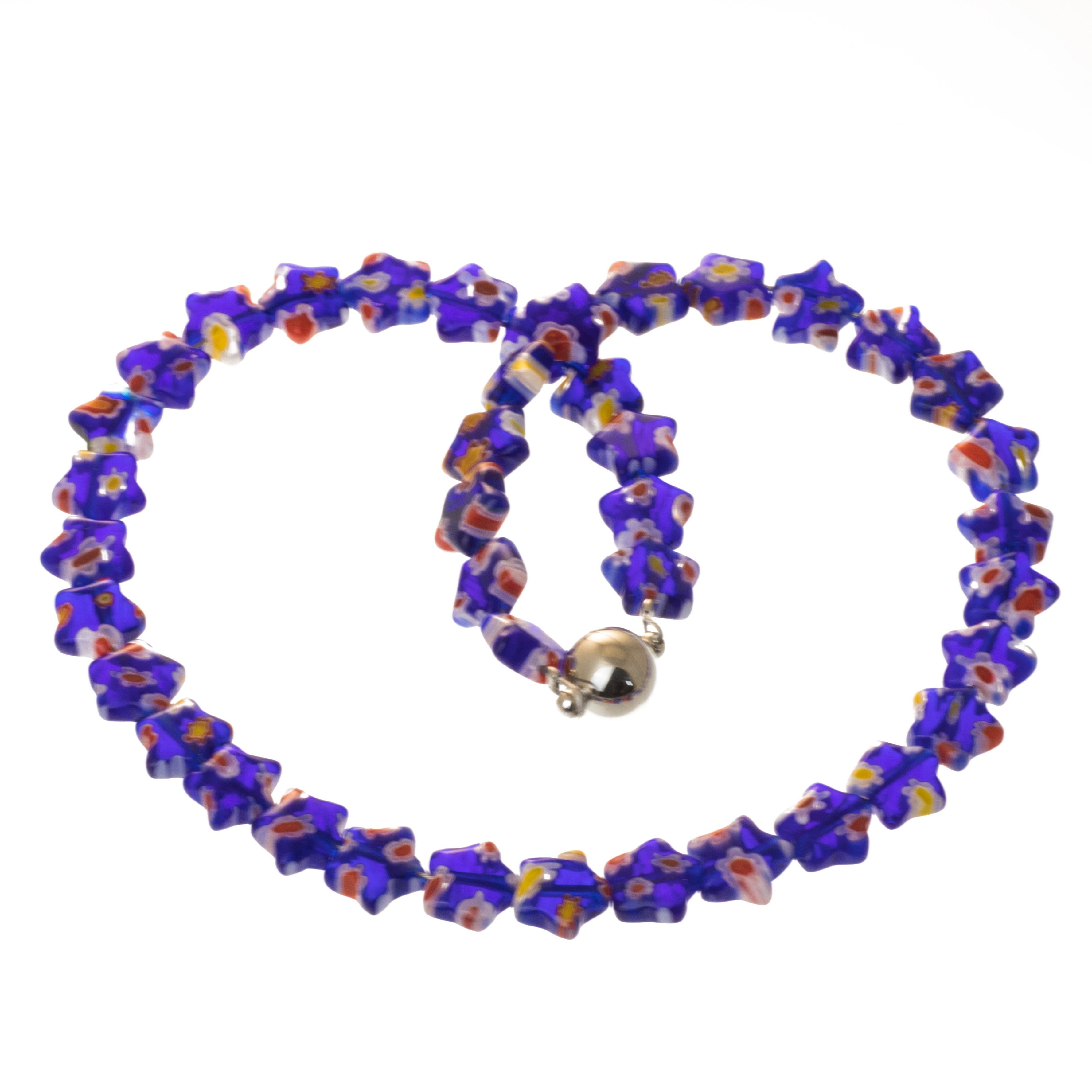 Perlenkette Kette Milliefiori Sternchen blau, Magnetverschluss