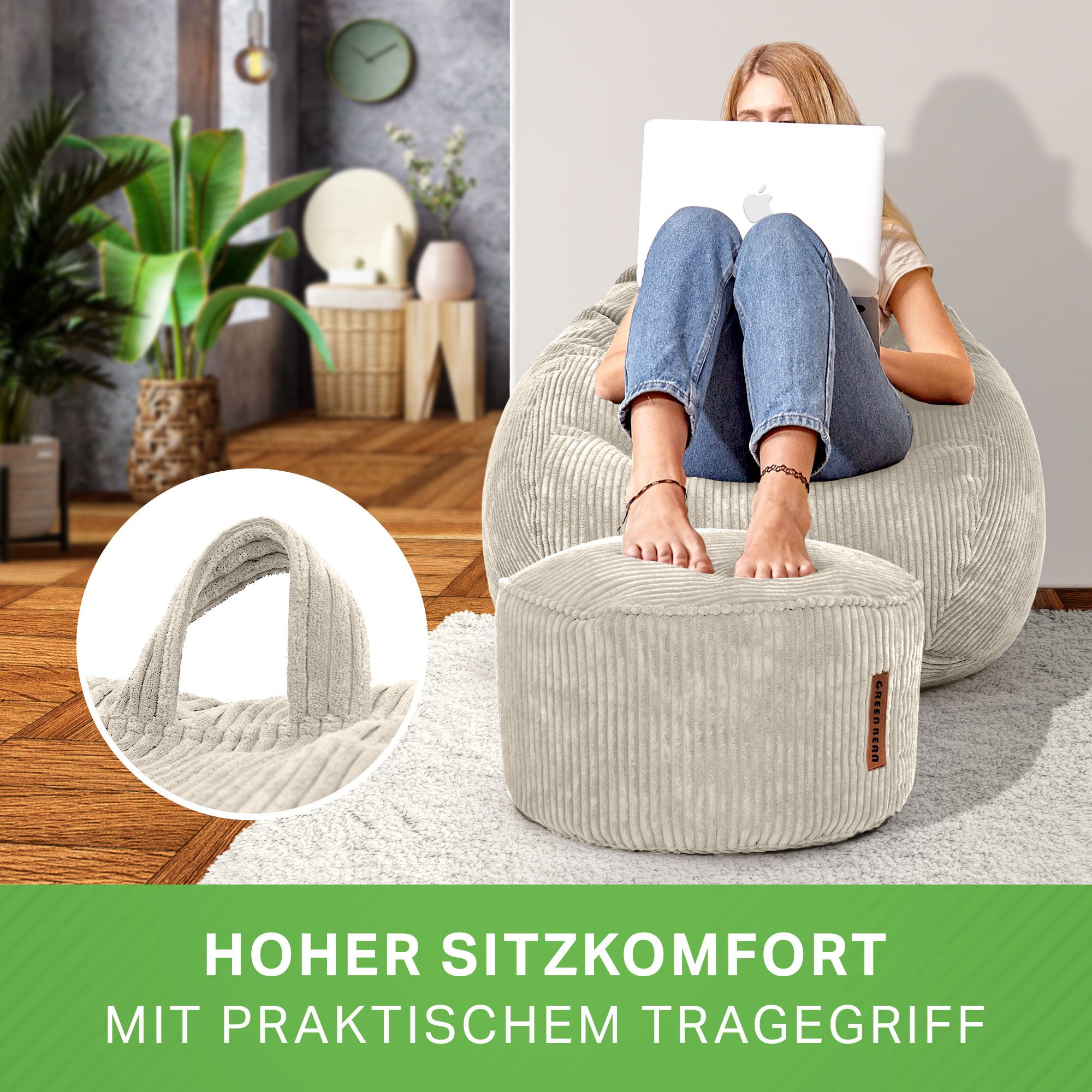 Green Bean Sitzsack XXL Sitzsack Scoop + Hocker aus Cord, Indoor Sitzkissen mit Sitzhocker, Relax Sessel