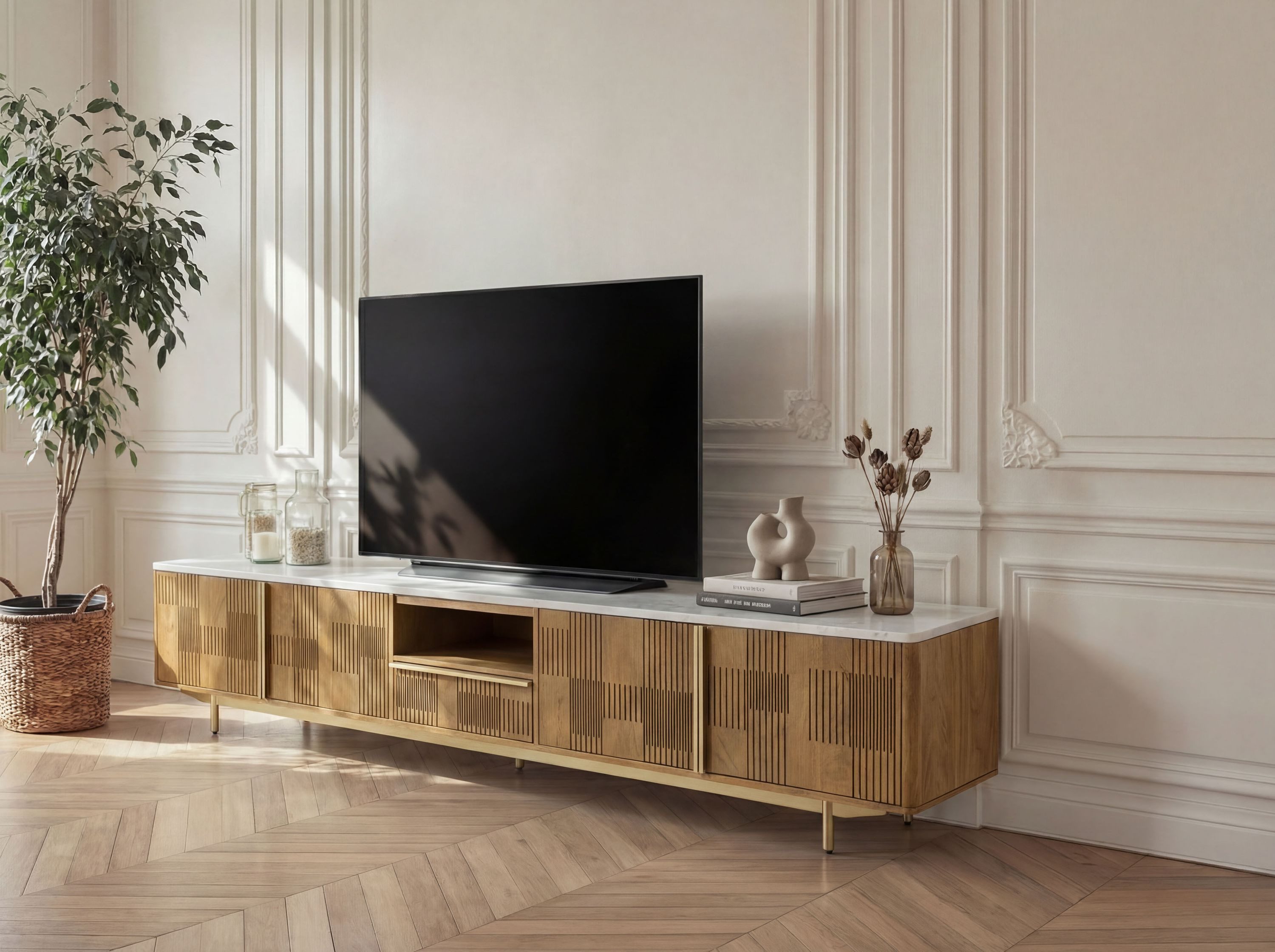 Massivmoebel24 TV-Board MIAMI (Massivholz), Mango 240x40x50 hellbraun geölt / Marmor weiß MIAMI #107