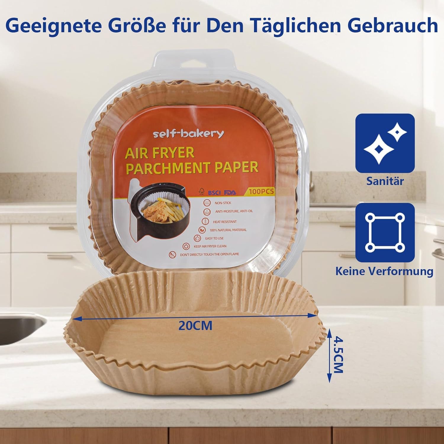 Smad Backpapier für Heißluftfritteuse,20*20*4,5cm,100/200/300St., Antihaft, wasser- und ölbeständig, für Airfryer, Ofen, Mikrowelle – Bild 5 von 5