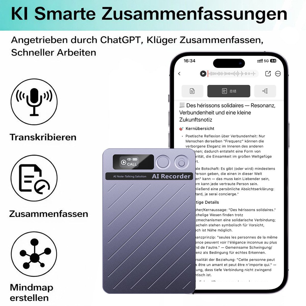 AeroAxis 64GB KI Diktiergerät Mini Slim mit Schreibfunktion Ton Aufnahmegerät Analoges Diktiergerät (Voice Recorder der 152 Sprachen übersetzen kann - Bluetooth 5.3 & App)