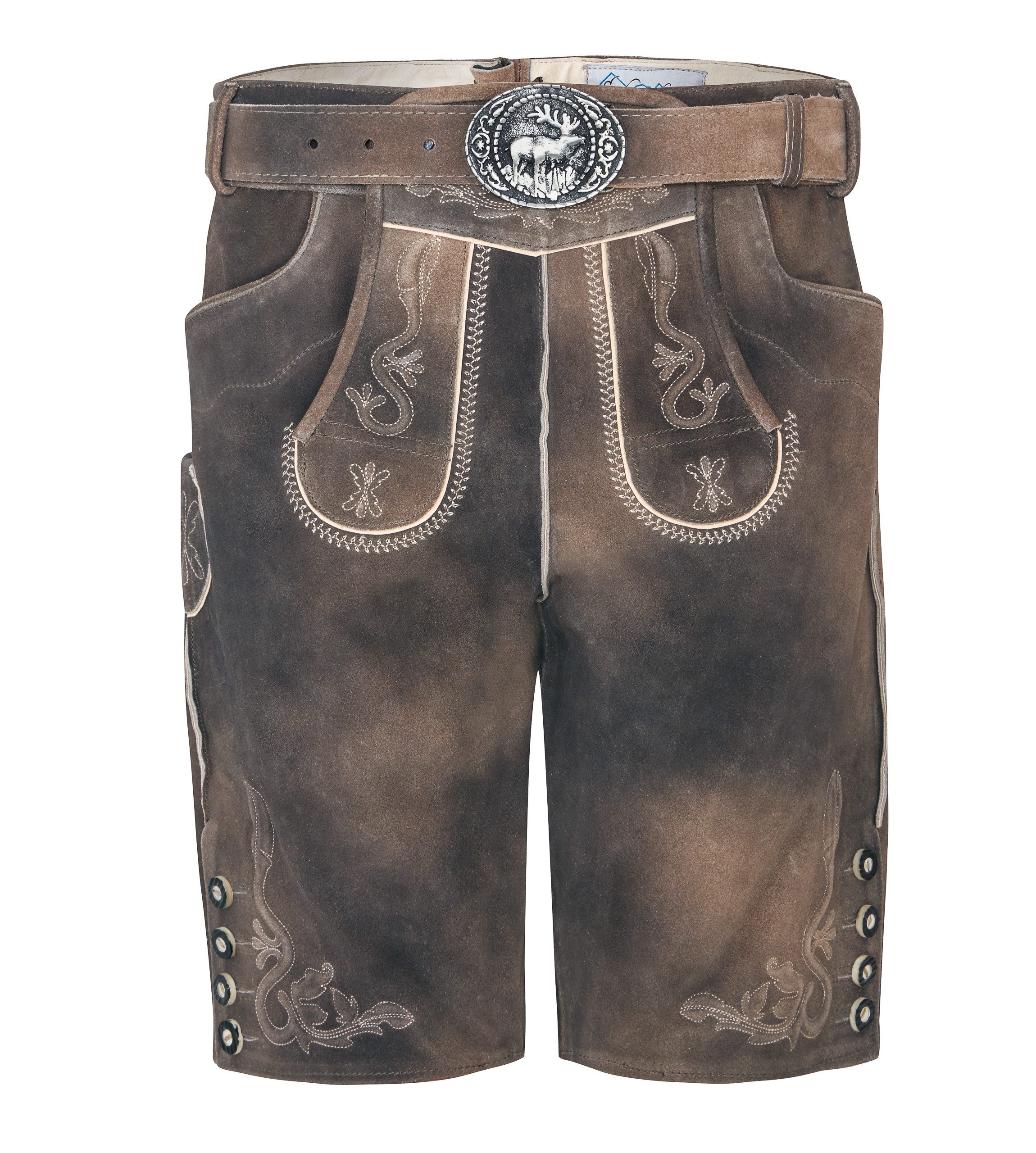 Schöneberger Trachten Couture Trachtenlederhose Lederhose Steiermark mit Trachtengürtel für das Oktoberfest Vintage Lederhose kurz mit Trachtengürtel