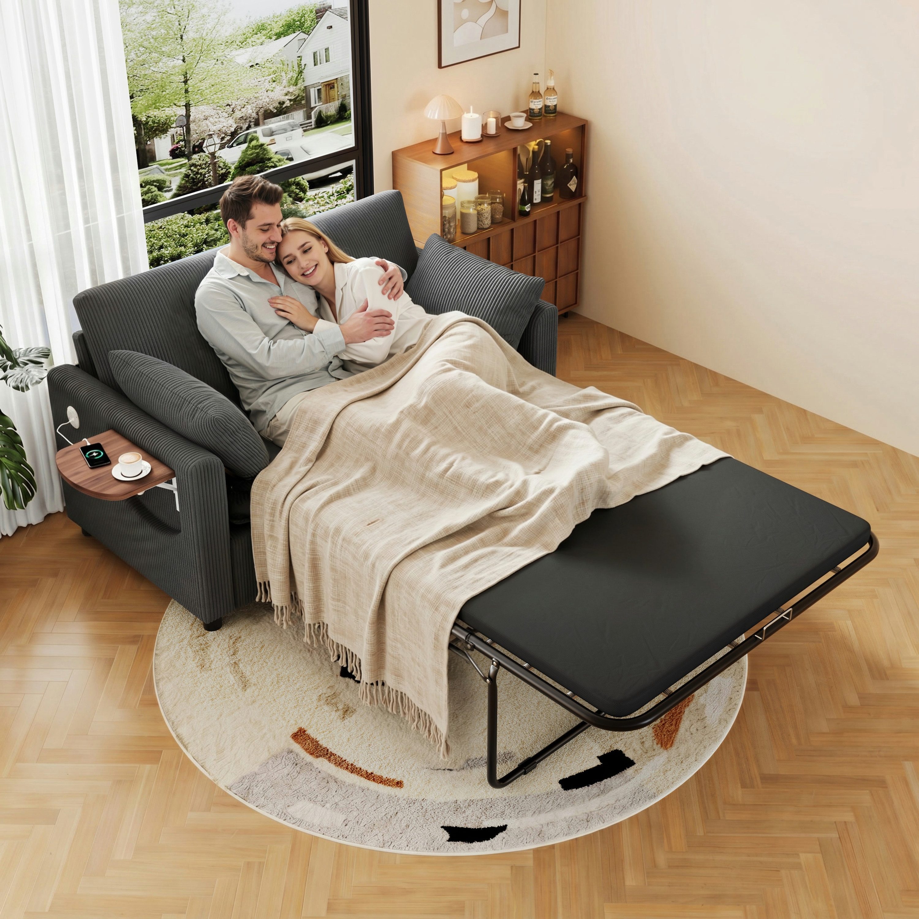 Merax Schlafsofa mit Schlaffunktion, Sofabett mit USB-Ladeanschluss, 134×82-223×84 cm 1 Teile, 2-Sitzer-Schlafsofa mit Klapptisch, 2 Kissen & Seitentaschen,Cordstoff