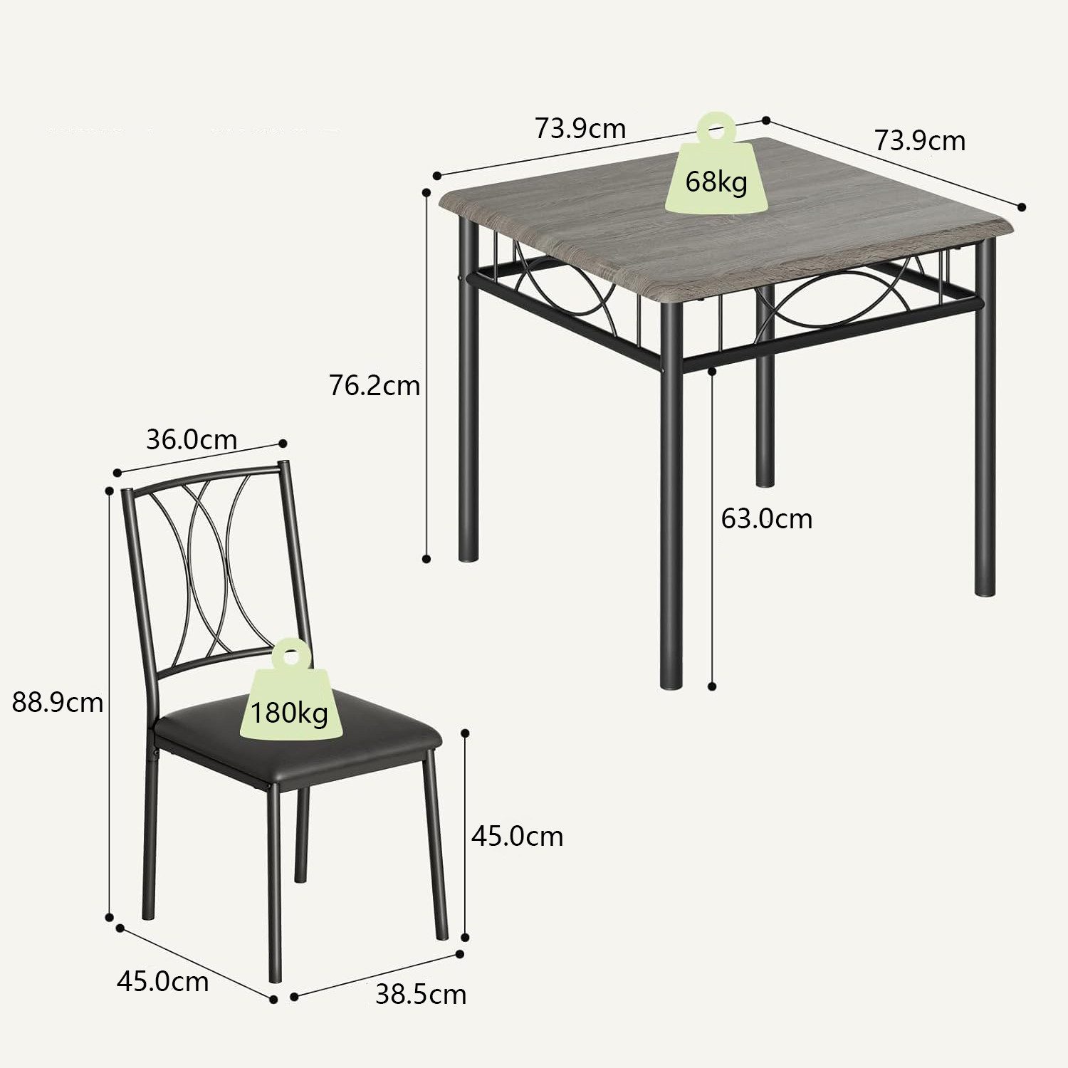GarveeMore Essgruppe Stilvolles 3-teiliges Esszimmer-Set für 2 Personen, Quadratischer Esstisch mit 2 gepolsterten Stühlen für Küche, Esszimmer – Bild 4 von 5