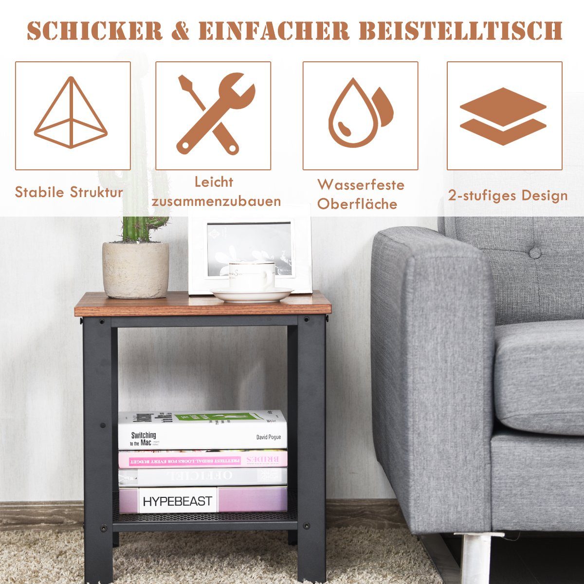 COSTWAY Nachttisch Beistelltisch, mit Gitterablage, 40 x 40 x 45,5 cm