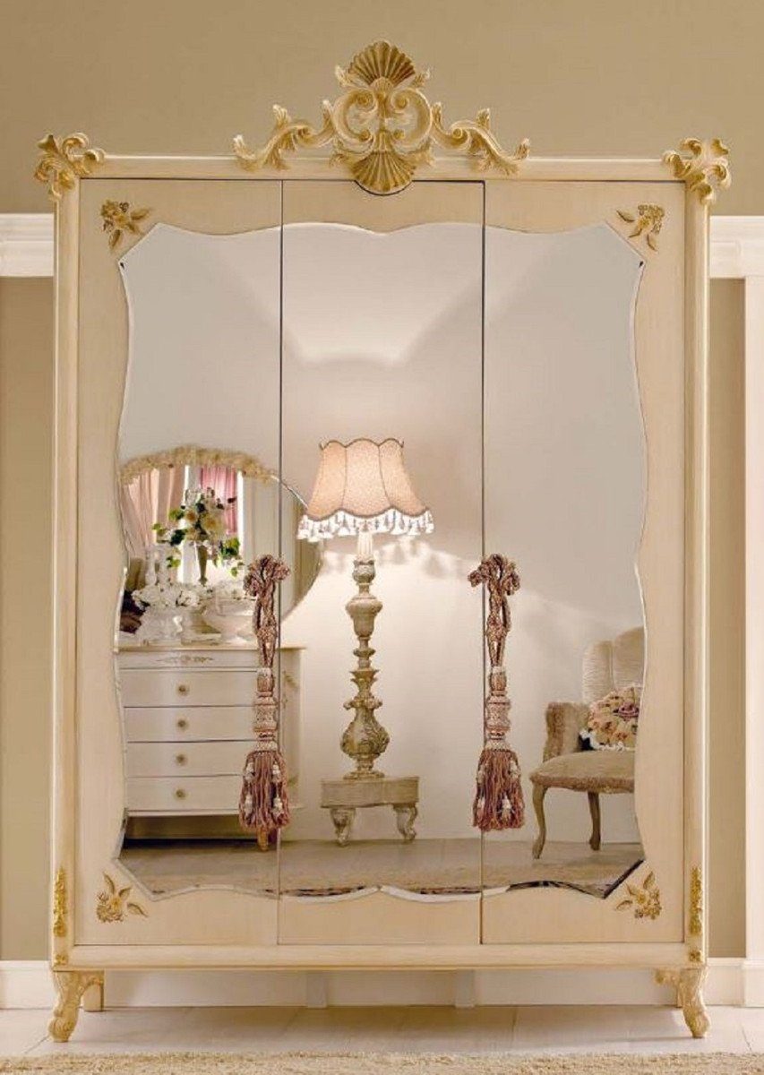 Casa Padrino Kleiderschrank Luxus Barock Schlafzimmerschrank Cremefarben / Gold - Handgefertigter Kleiderschrank mit 3 verspieglten Türen - Barock Schlafzimmer Möbel - Luxus Qualität - Made in Italy