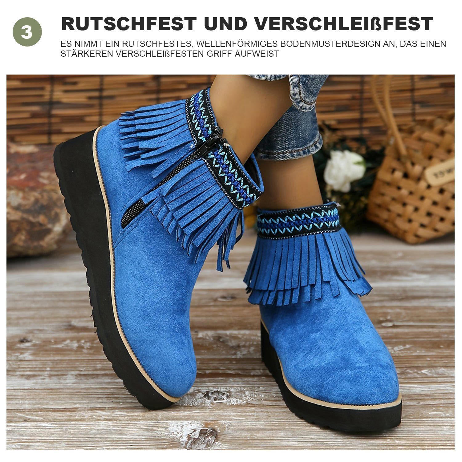 Daisred Damen Cowboy Stiefel Winterschuhe Boots Quasten Winterstiefel Kurze Blau