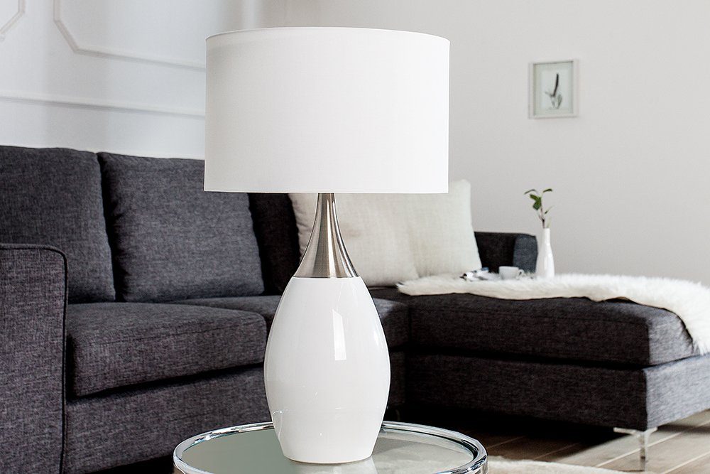 riess-ambiente Tischleuchte CARLA 60cm weiß / silber, ohne Leuchtmittel, Modern Design,Schirm aus Leinenstoff