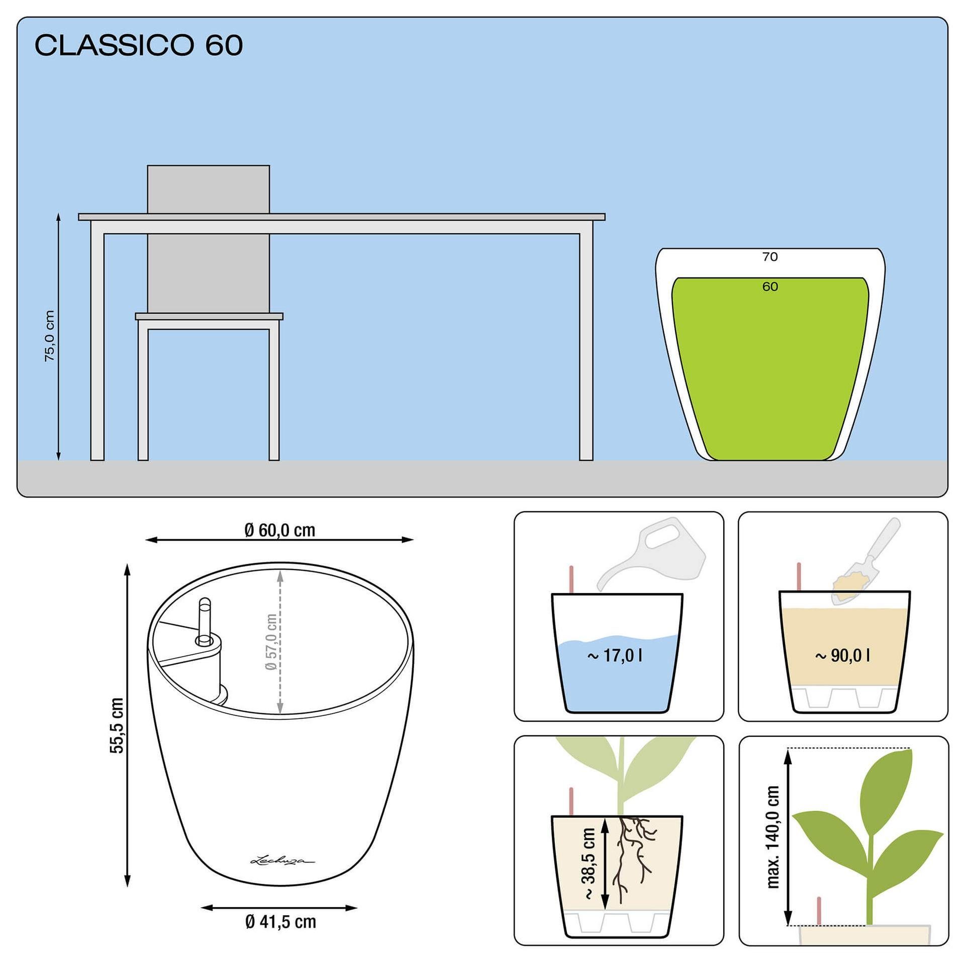 St) Color Classico Schiefergrau Pflanzkübel (1 Blumentopf rund Lechuza® Komplettset 60