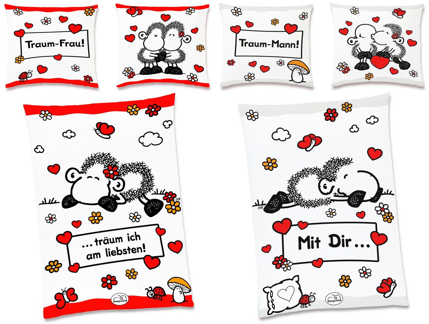 JACK Partnerbettwäsche JACK Renforcé Bettwäsche sheepworld Traum Mann & Frau 135x200cm 4 tlg., Renforcé, 4 teilig, Partner-Wendebettwäsche mit witzigem Schaf und Herzen, Reißverschluss