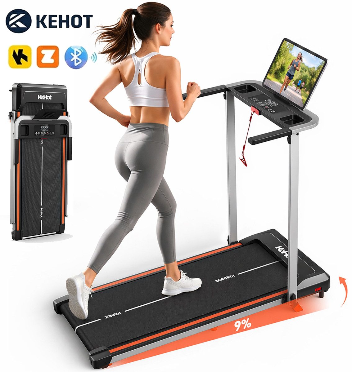 kehot Laufband Laufband mit 9% Steigung, klappbar und leise für Heimtraining (2.5HP Motor, 1–12 km/h, großes LED-Display für Zeit, Distanz, Kalorien, Kompatibel mit APPs: EQI SPORTS, Zwift & Kinomap, Bluetooth), 38×100 cm Lauffläche, Stabil bis 125 kg, inklusive Sicherheits-Key