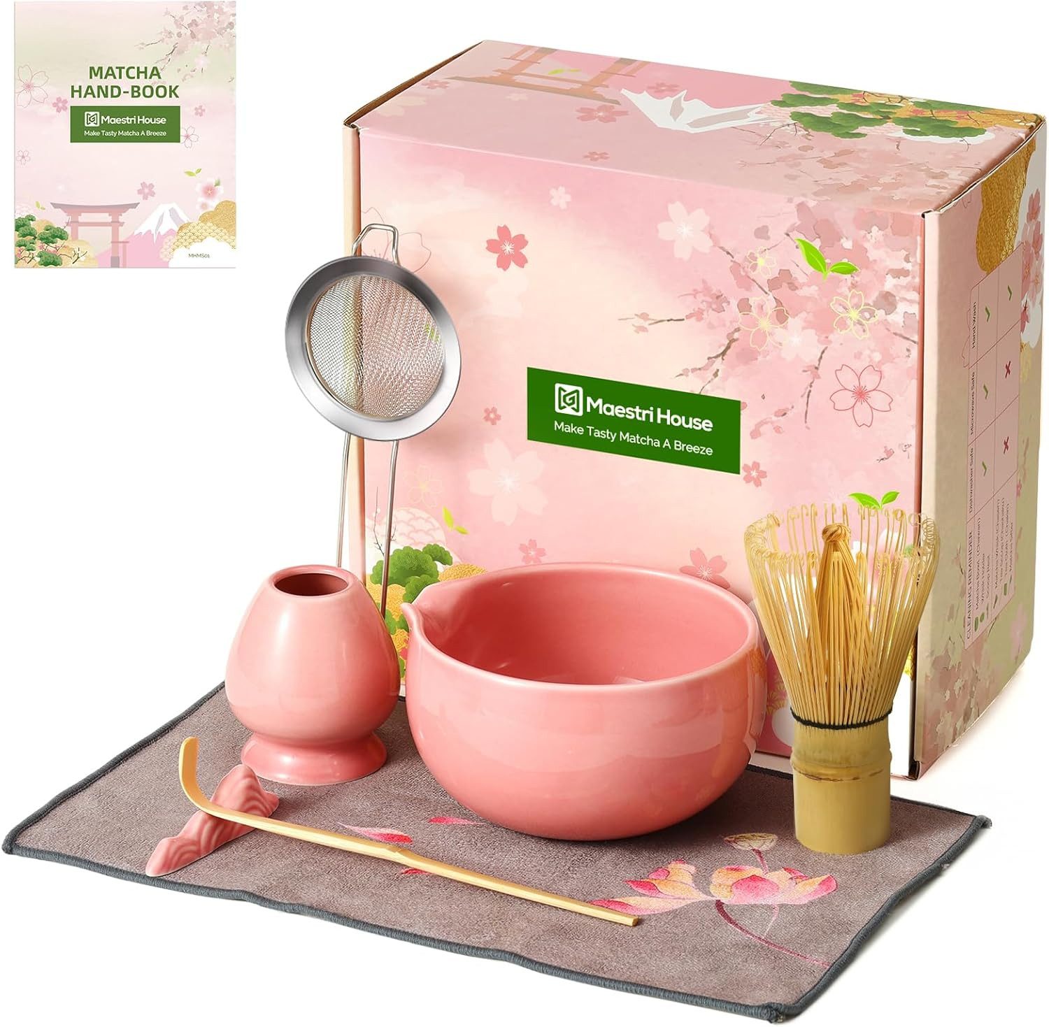 Maestri House Teeservice Japanisches Matcha Zubehör Set Matcha Besen Set Geschenkset 7-Teilig, 510ml Schale, Bambus-Chasen, Haltern, Sieb, Löffel und Tuch erhalten