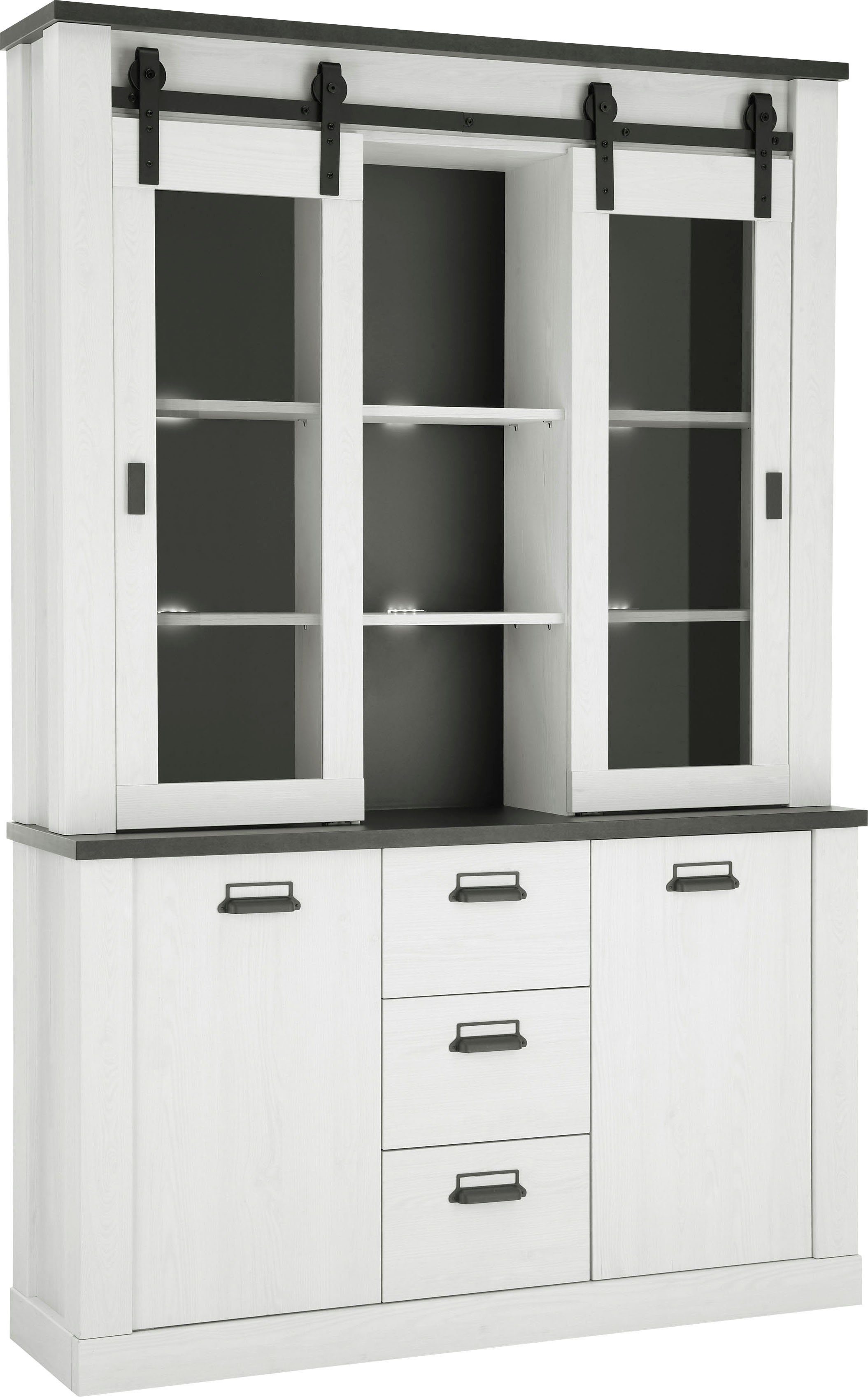 Home affaire Buffet und Pinie 133cm Dekor, Breite SHERWOOD Dekor Holz Apothekergriffen, Scheunentorbeschlag mit Weiss