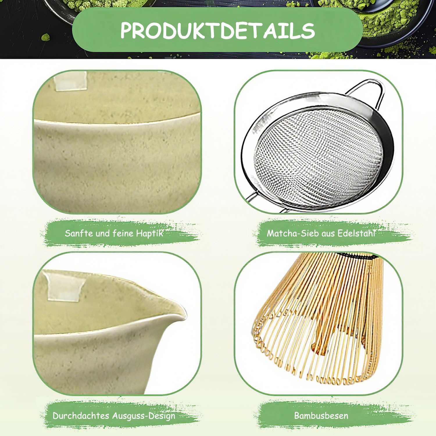 SURFOU Teeservice 6 Stück Matcha Tee Set mit Matcha Besen Edelstahlsieb Schal, 2 Matcha Löffel Besenhalter aus Keramik Matcha-Utensilien – Bild 4 von 5