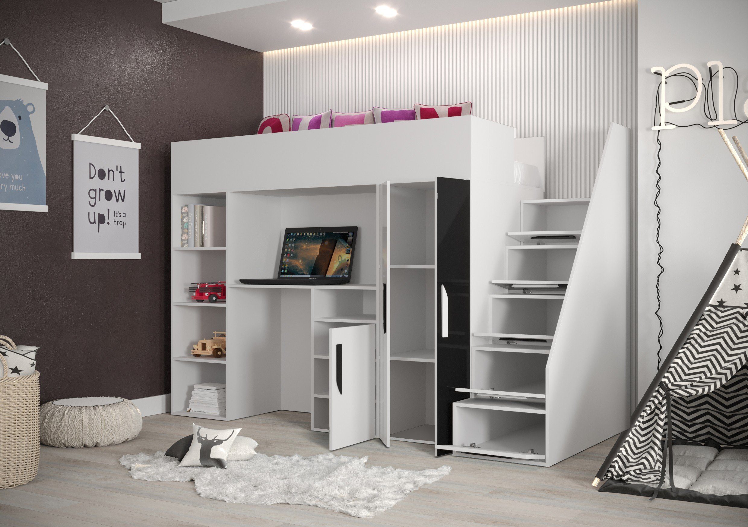 Kinderbett Hochbett Inkl. Schreibtisch, wählbar Farbe Weiß/Schwarz 14, Unique Treppe Home PAR Kleiderschrank und