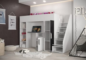 Unique Home Hochbett Kinderbett PAR 14, Inkl. Schreibtisch, Kleiderschrank und Treppe Farbe wählbar