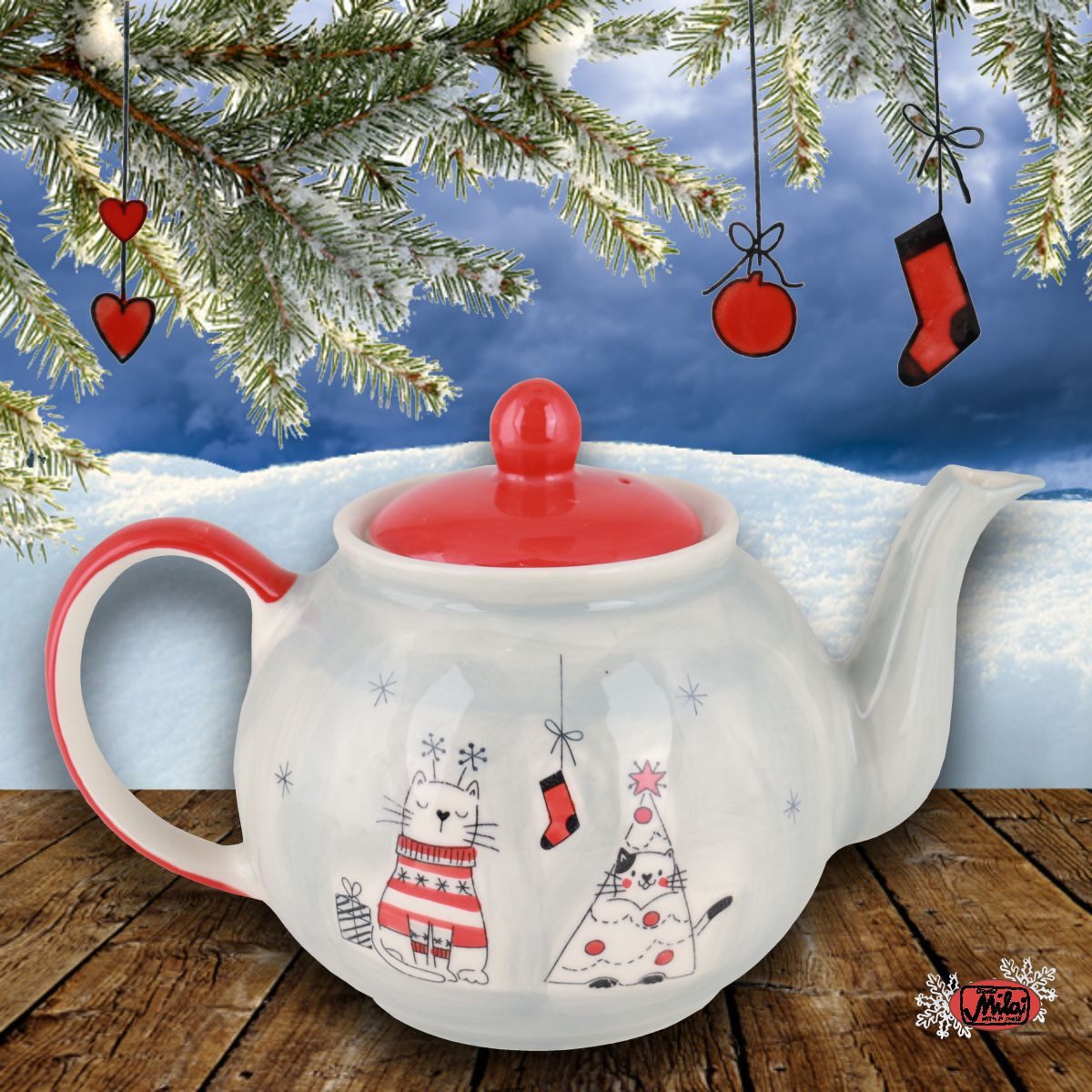 Mila Teekanne Mila Keramik-Teekanne X-Mas Cats, ca 1,2 Liter, 1,2 l, (Stück, 1 Teekanne mit Deckel)
