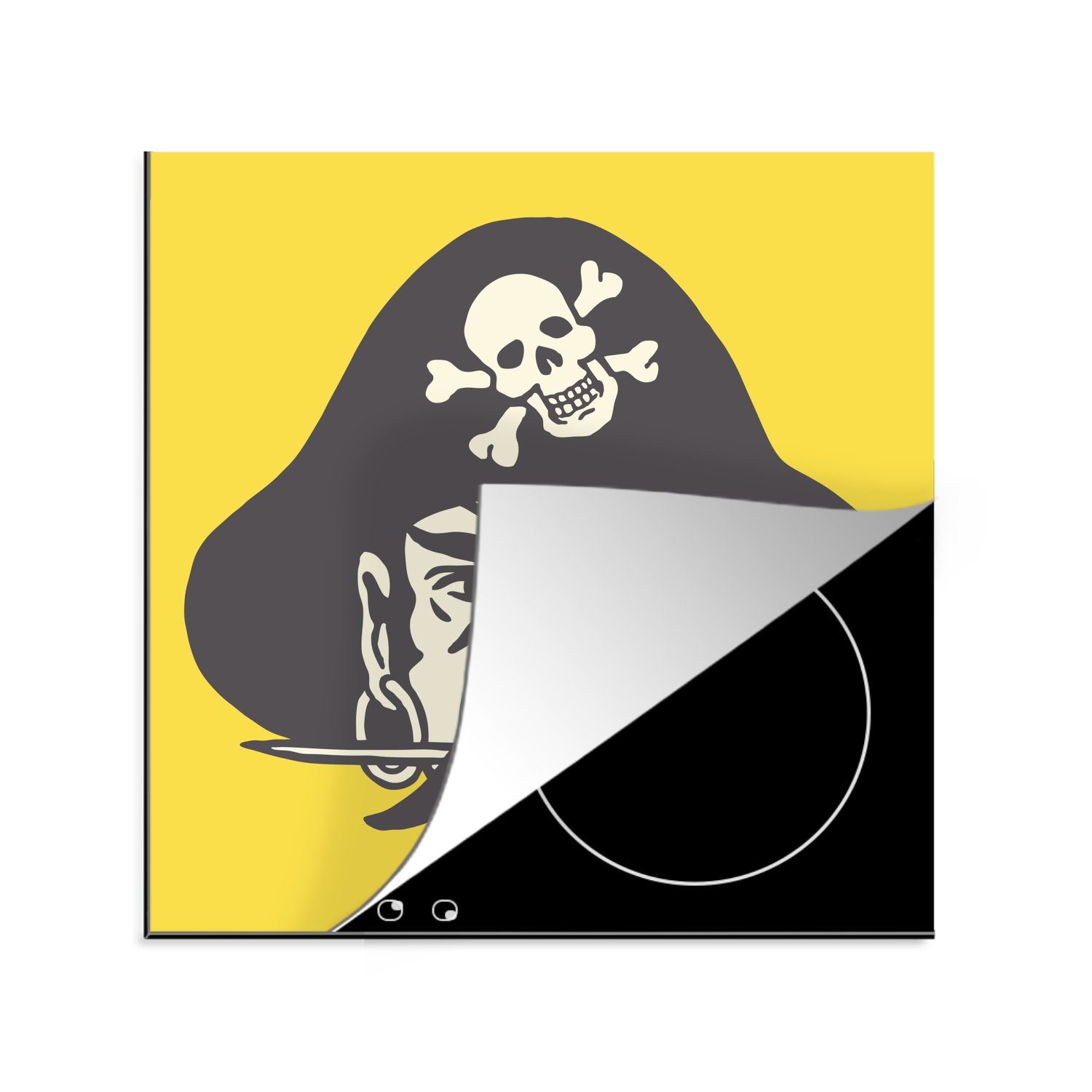 MuchoWow Herdblende-/Abdeckplatte Kinder Illustration eines Piraten auf einem gelben Hintergrund, Vinyl, (1 tlg), 78x78 cm, Ceranfeldabdeckung, Arbeitsplatte für küche