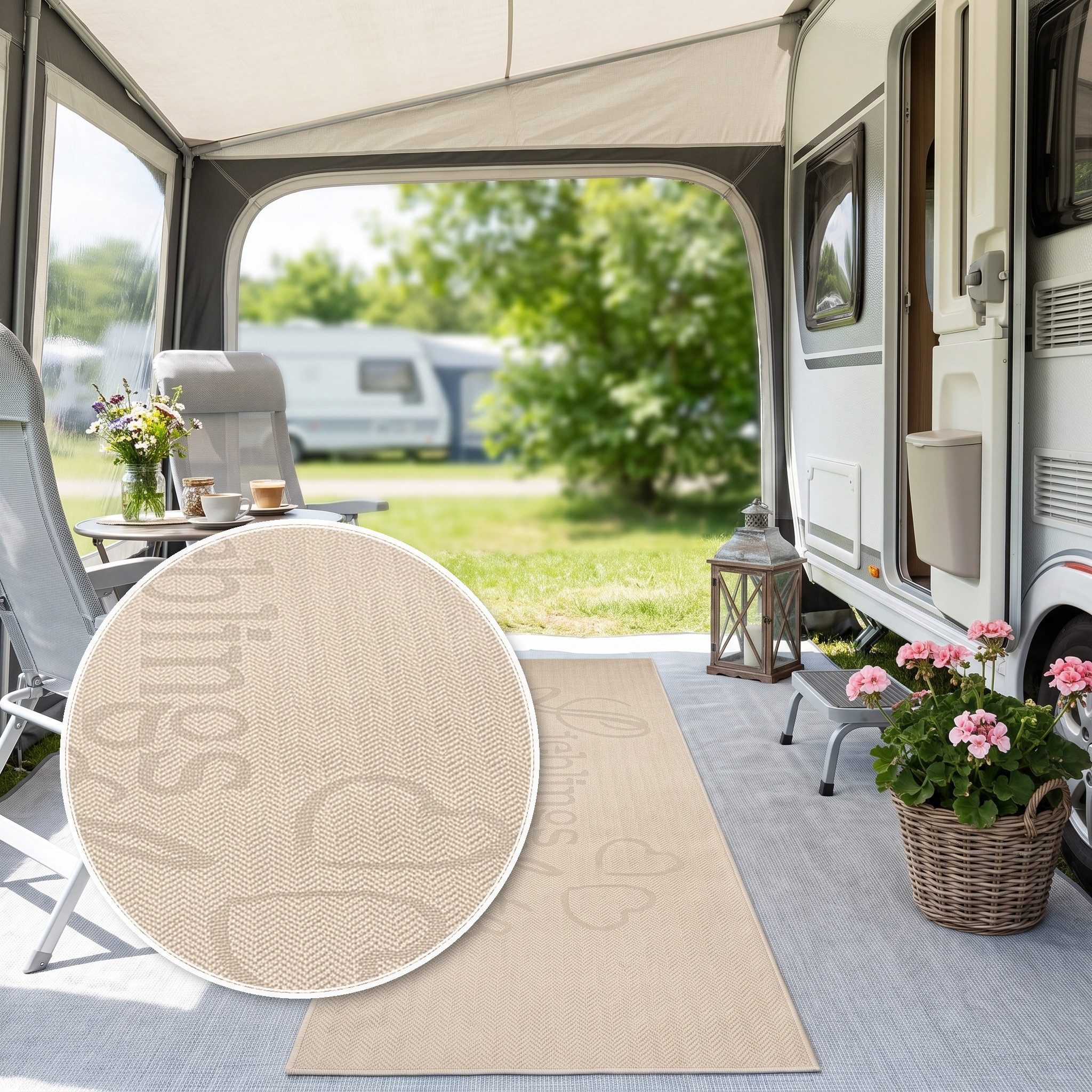 OTTO home Läufer Lieblingsplatz, mit Schriftzug, In- und Outdoor geeignet, rechteckig, Höhe: 5 mm, Wetterfest, UV-beständig, Küchenläufer, Camping, Balkon