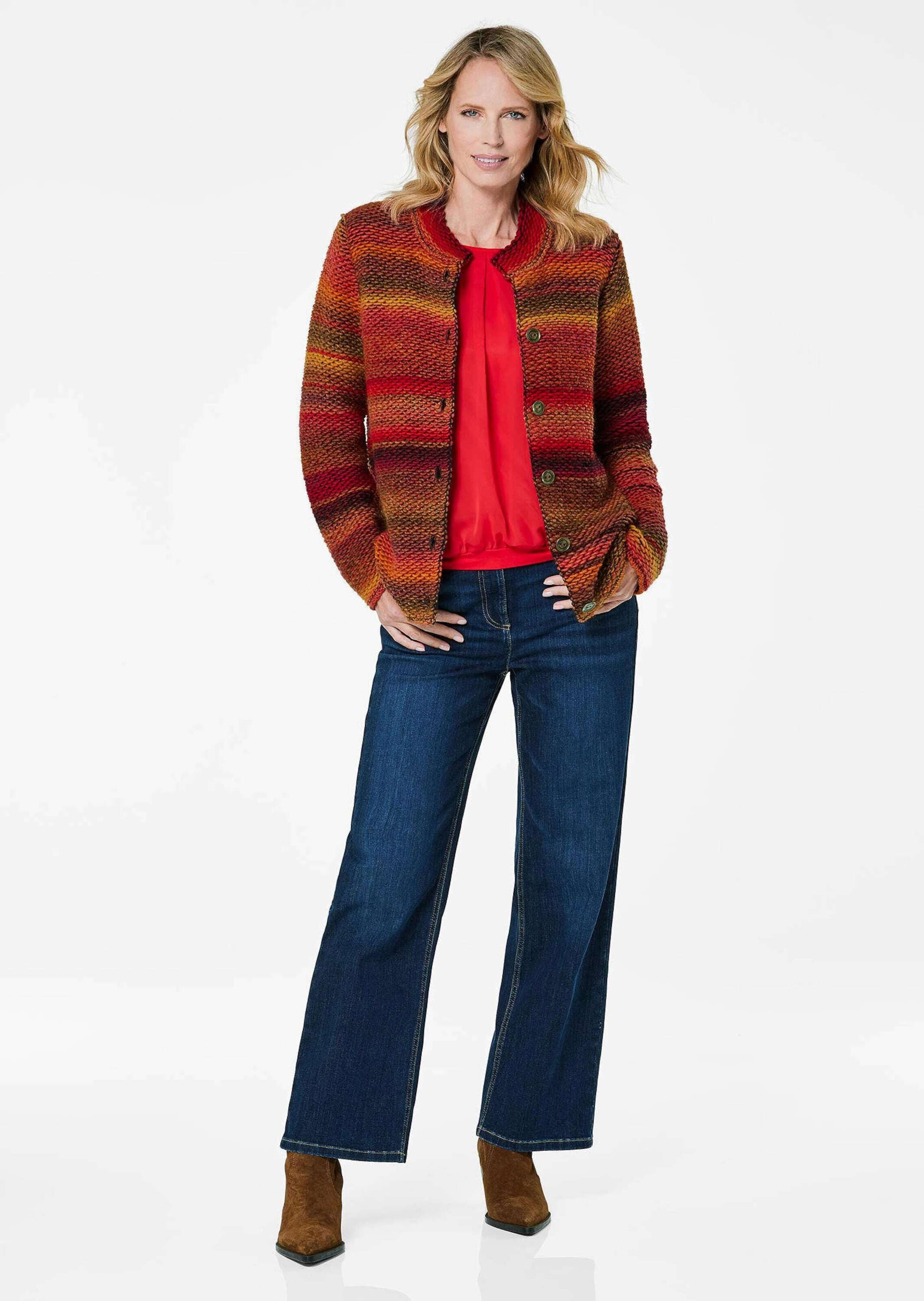 GOLDNER Strickjacke Multicolor Woll-Jacke mit Stehkragen Hüftlanger Schurwo günstig online kaufen