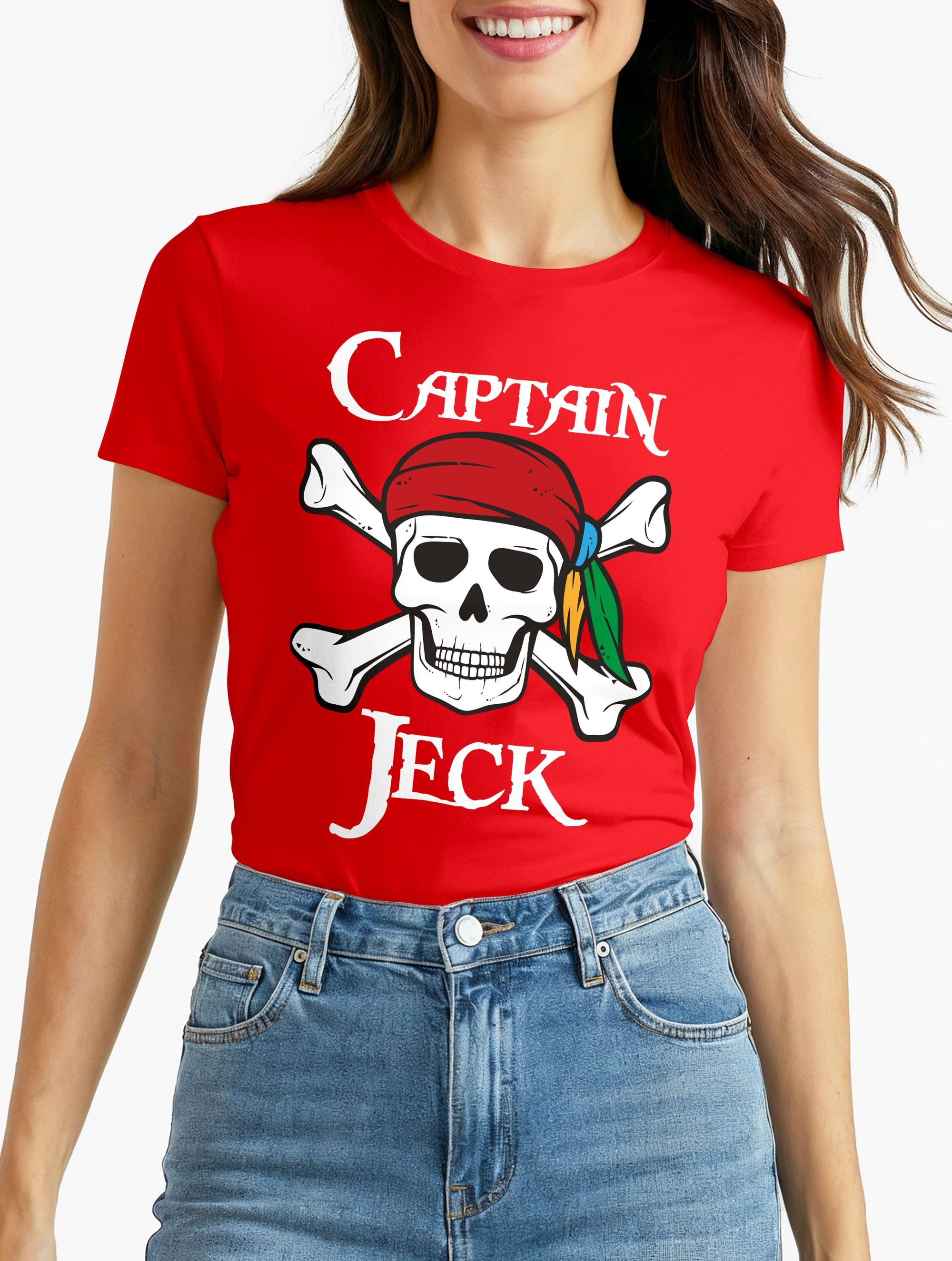Print-Shirt Damen T-Shirt Fasching Karneval Pirat Captain Jeck Kostüm-Ersatz