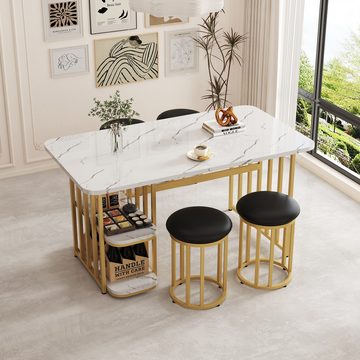 Powerwill Esstisch Esstisch-Set (mit Esstisch, 4 Stühlen), Esstisch mit Stauraum (140*80*75cm), rechteckiger Esstisch, Esszimmerstühle, Weiß und Gold