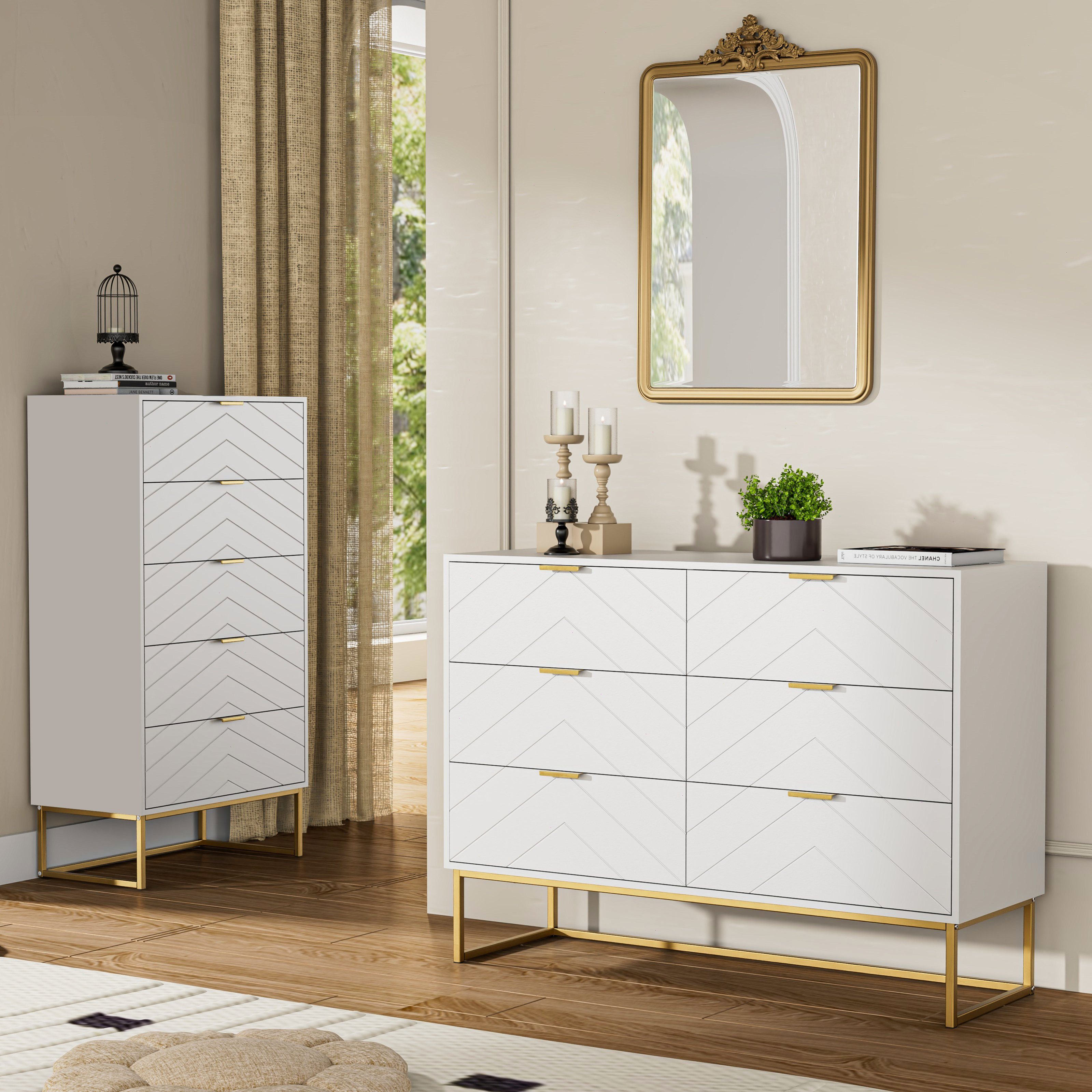 UEV Sideboard mit 6 Schubladen, Highboard Mehrzweckschrank mit Kisppschutz (für Wohnzimmer Schlafzimmer Büro Flur, 100x34x73,5cm), Küchenschrank Buffet TV Board Schrank mit Füße Aufbewahrungsschrank