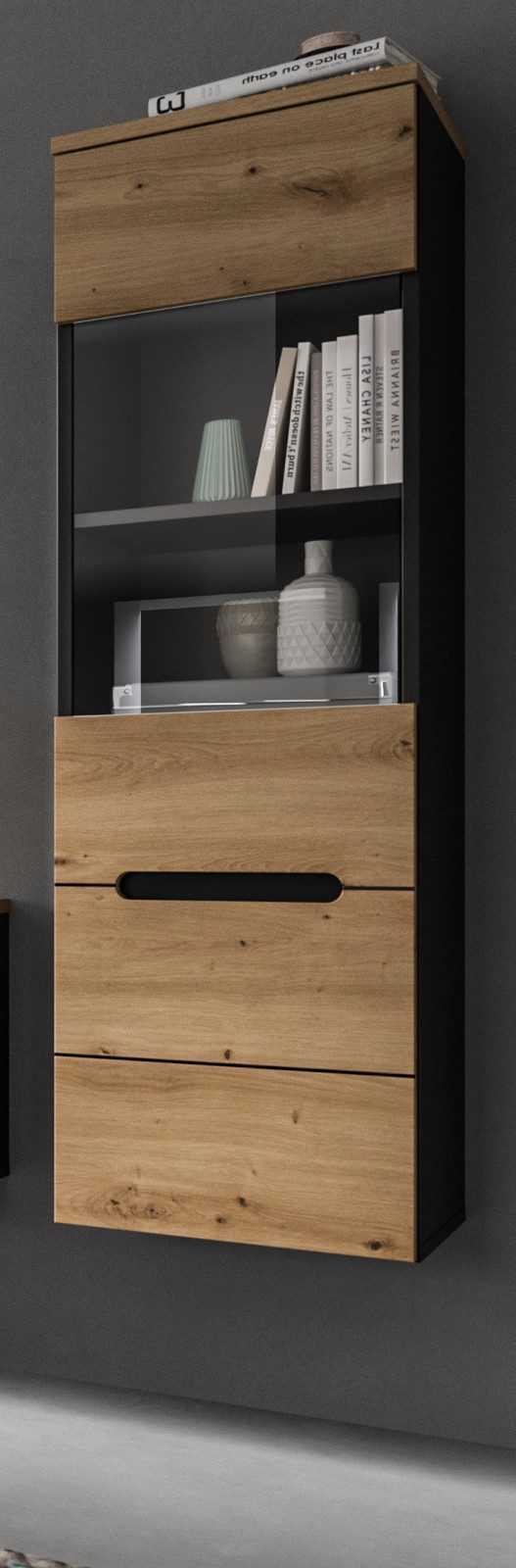 Inn.Furn Hängevitrine Cooper (Vitrine in Eiche Artisan und Grau, 36 x 125 cm) mit Soft-Close-Funktion