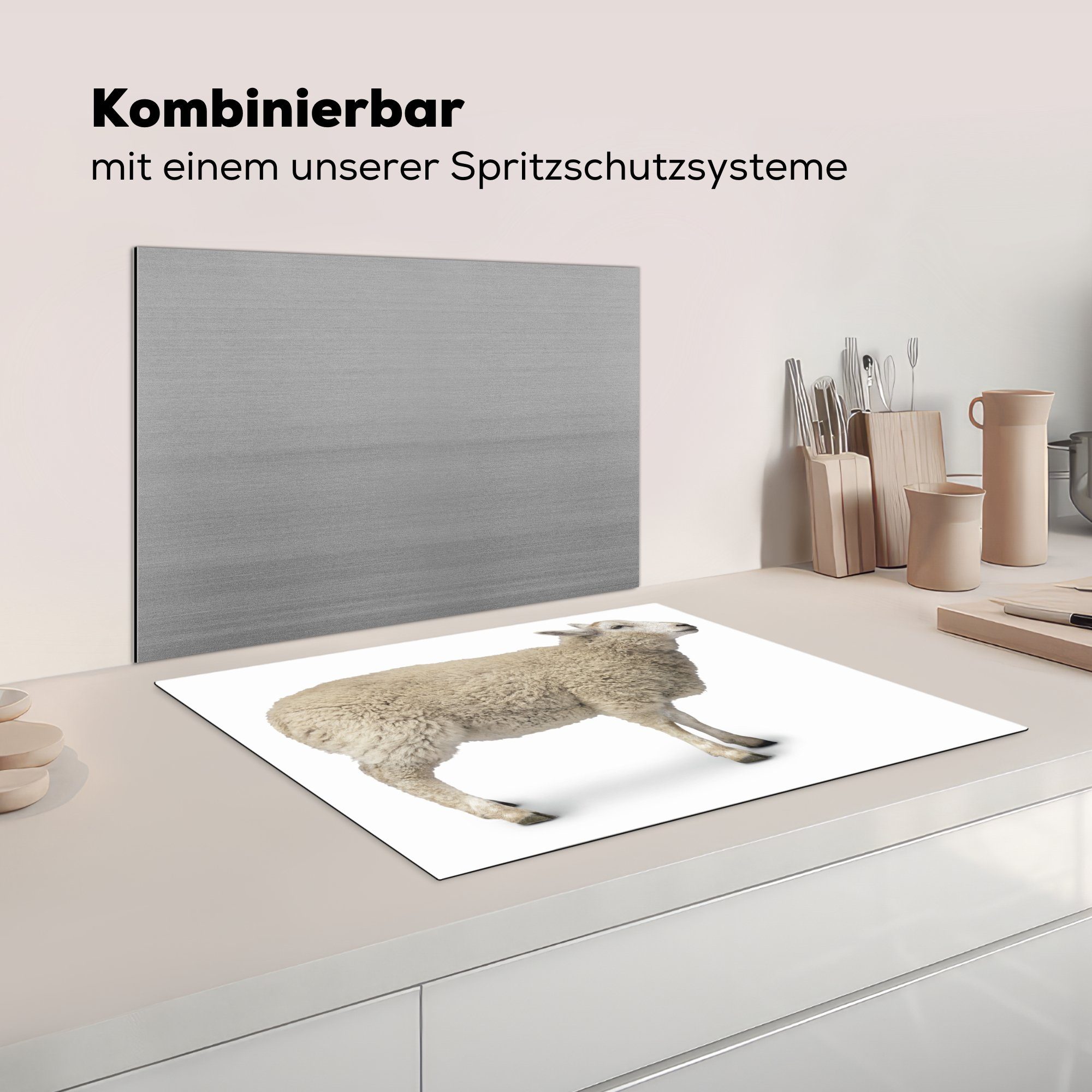 Schaf 70x52 Mobile Herdblende-/Abdeckplatte - Porträt Tier, nutzbar, cm, (1 tlg), Arbeitsfläche MuchoWow Vinyl, - Ceranfeldabdeckung