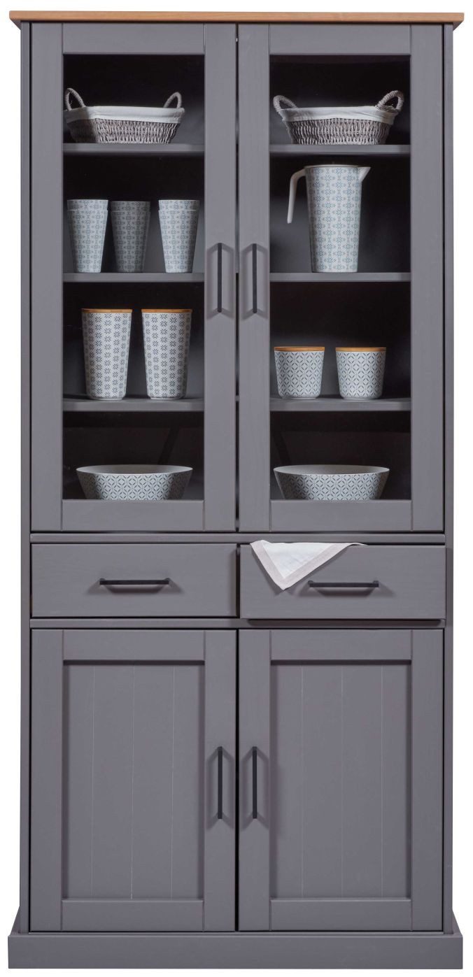 FURNARO Standvitrine Buffet, Landhaus, Massivholz, 90 x 38,4 x 190 cm