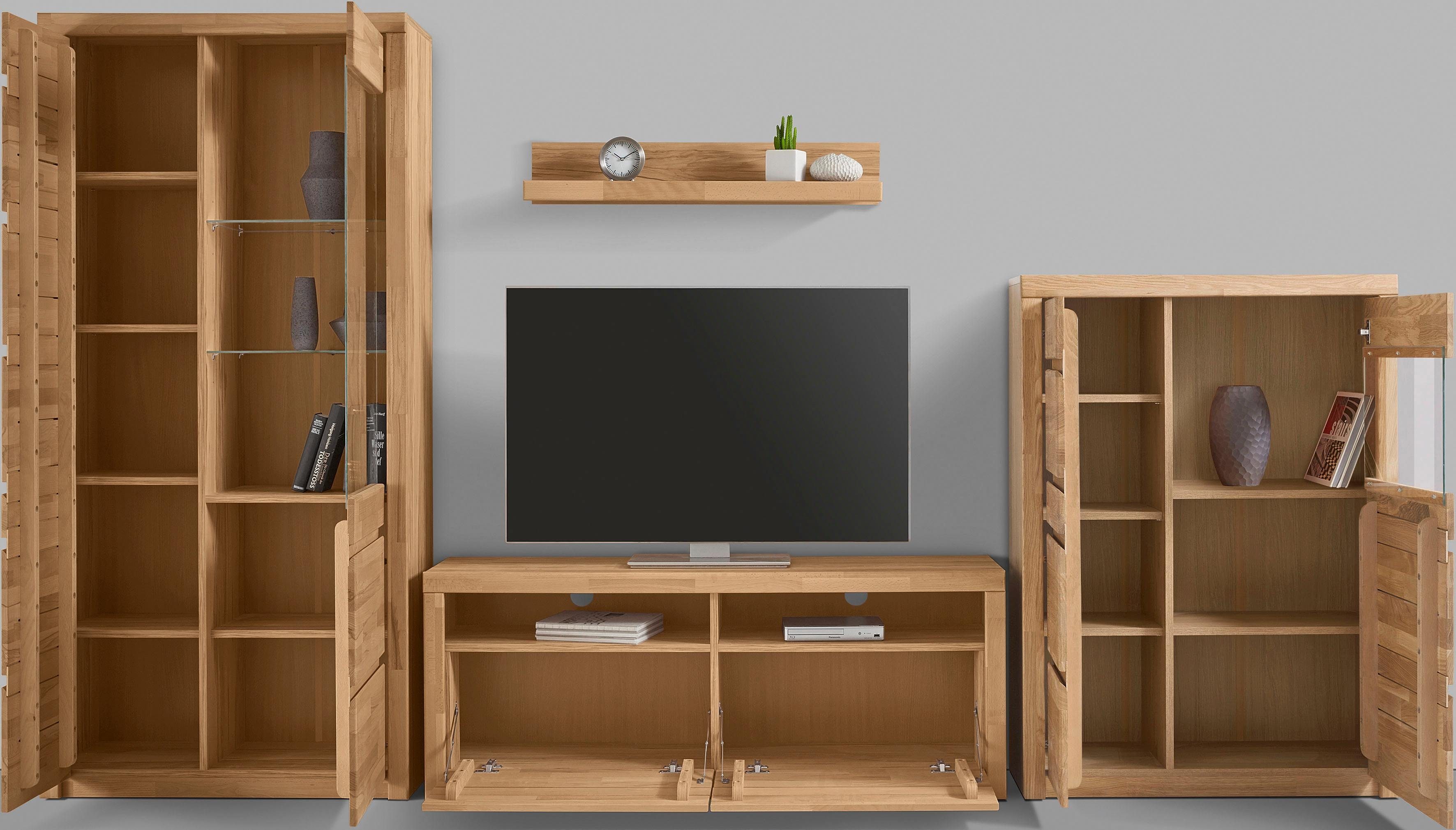 OTTO home Wohnwand Silkeborg: 4-teilig, Breite: 320cm, Griffmulden, Fronten Massivholz, (Set, 4-St), Set besteht aus 1 Vitrine, 1 Lowboard, 1 Sideboard und 1 Wandregal