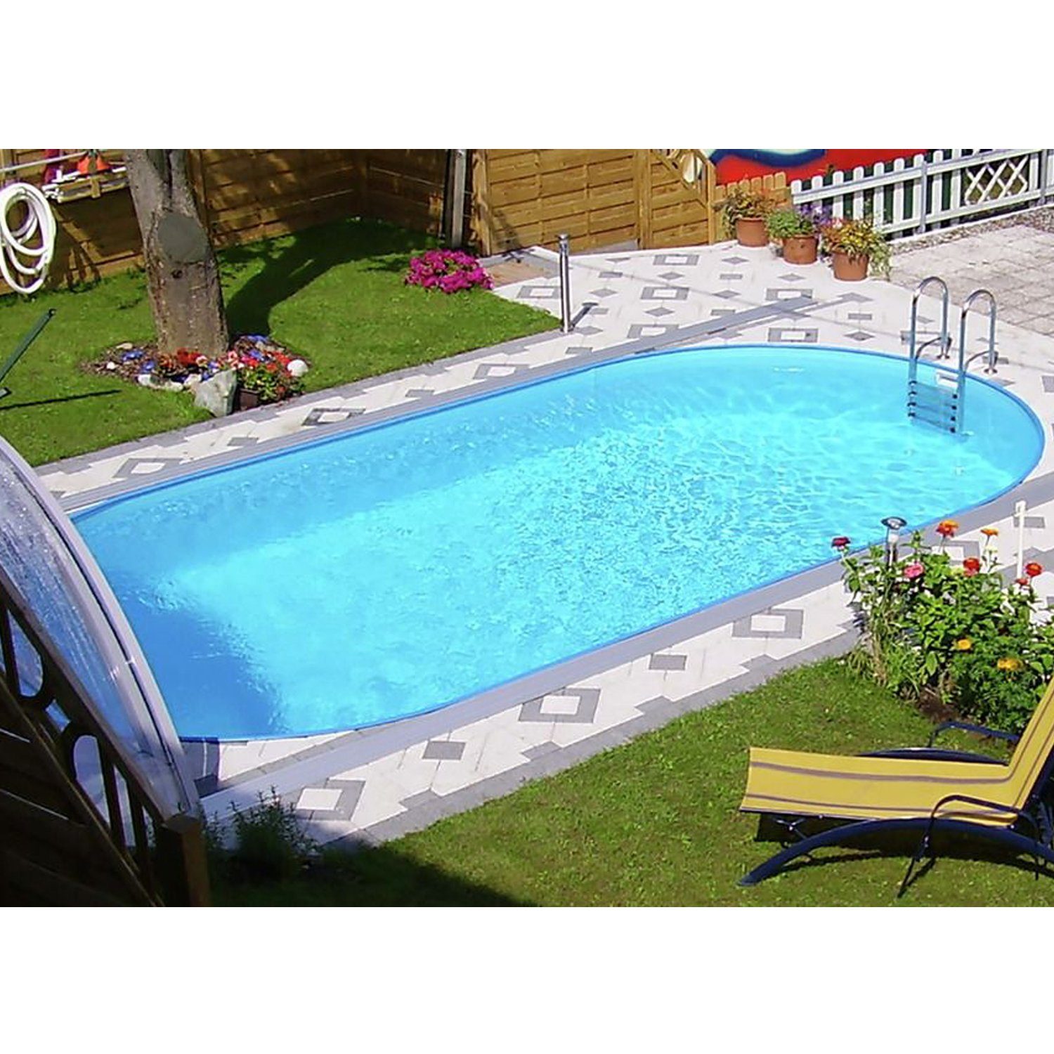 Steinbach Pool Ovalpool Stahlwand Pool Set "Styria oval" (blaue Poolfolie, 737 x 360 x 150 cm), Stanzungen für Skimmer und Einlaufdüse