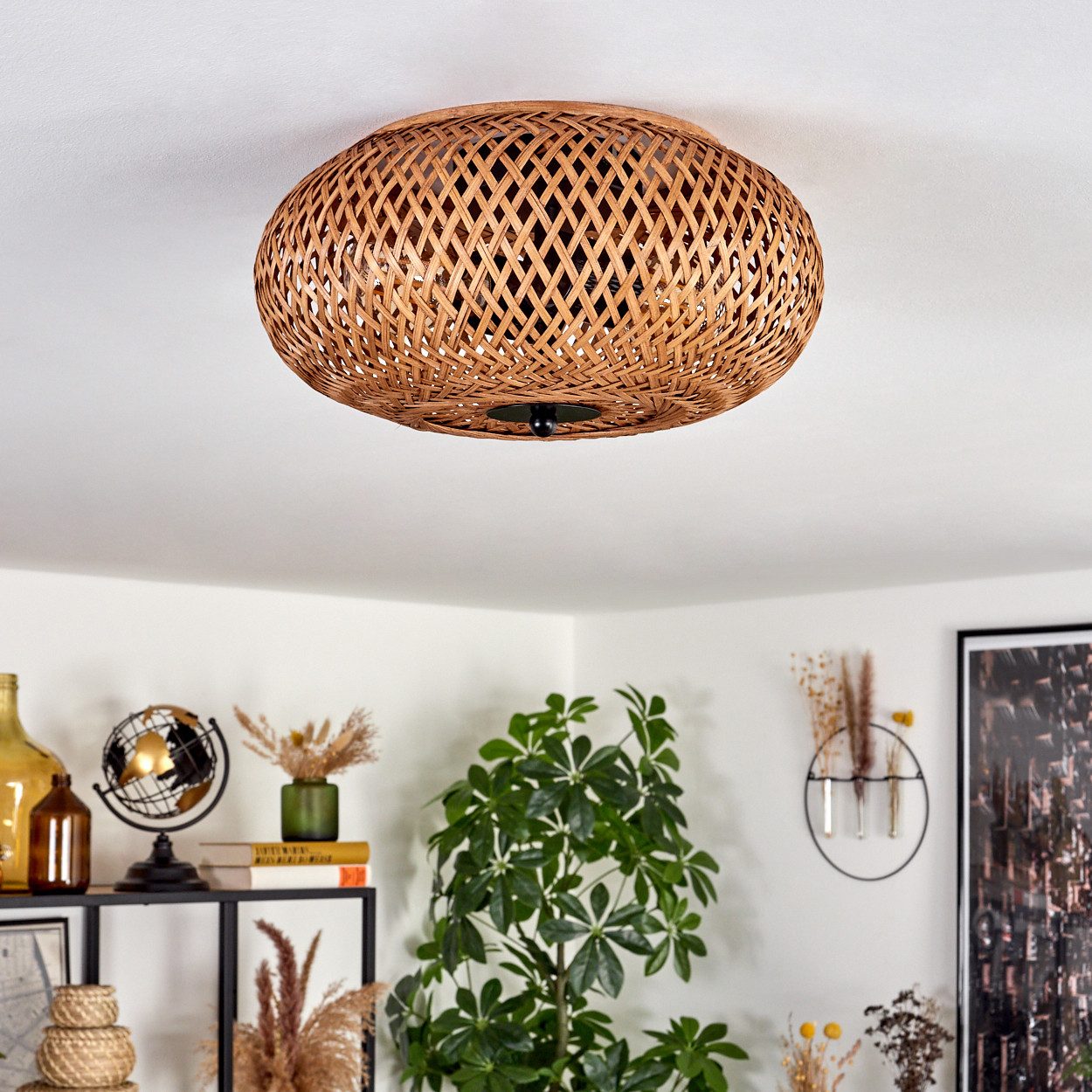 hofstein Deckenleuchte moderne Deckenlampe aus Metall/Bambus/Holz in Schwarz/Natur, ohne Leuchtmittel, Boho-Design Deckenleuchte,Lichteffekt, Ø30cm, 2xE27, ohne Leuchtmittel