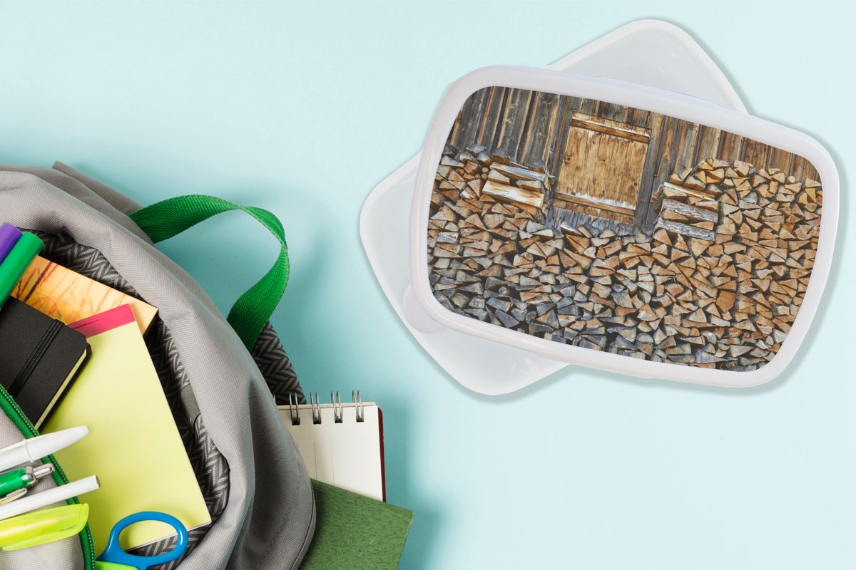 Brotdose, MuchoWow Jungs (2-tlg), Lunchbox Erwachsene, und für Kunststoff, eine Brennholz Mädchen Brotbox für Holzwand, weiß für Kinder und