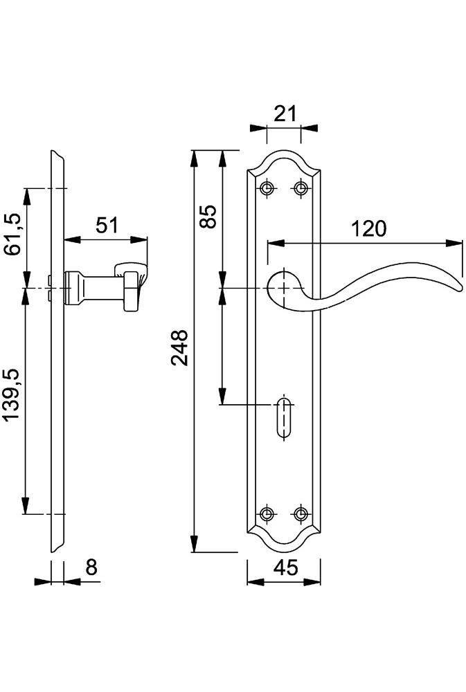 72 Messing / rechts Türbeschlag Langschildgarnitur F71 Almeria DIN links OB HOPPE mm M166SN/2700