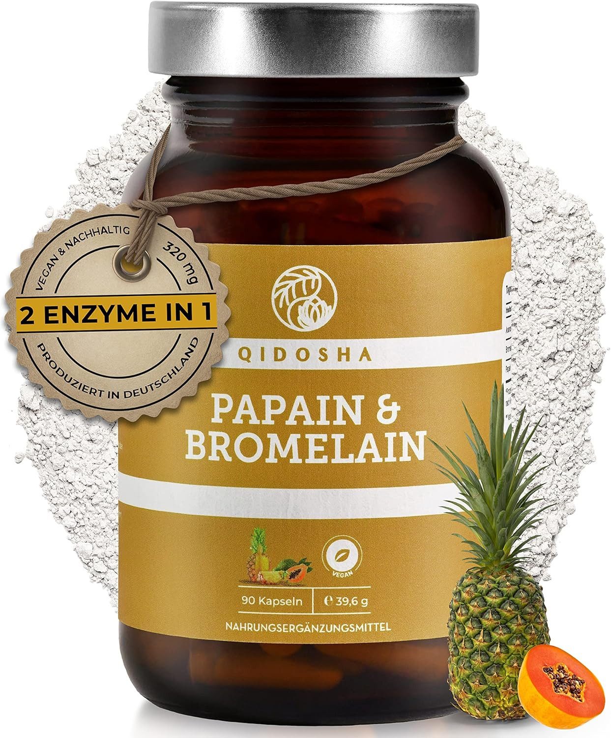 QIDOSHA Papain & Bromelain im Glas - magensaftresistente Kapseln, höchste Enzymaktivität von 6194 USP (Papain), Papain Enzym aus der Papaya, Bromelain aus der Ananas à 90 St., 40 g