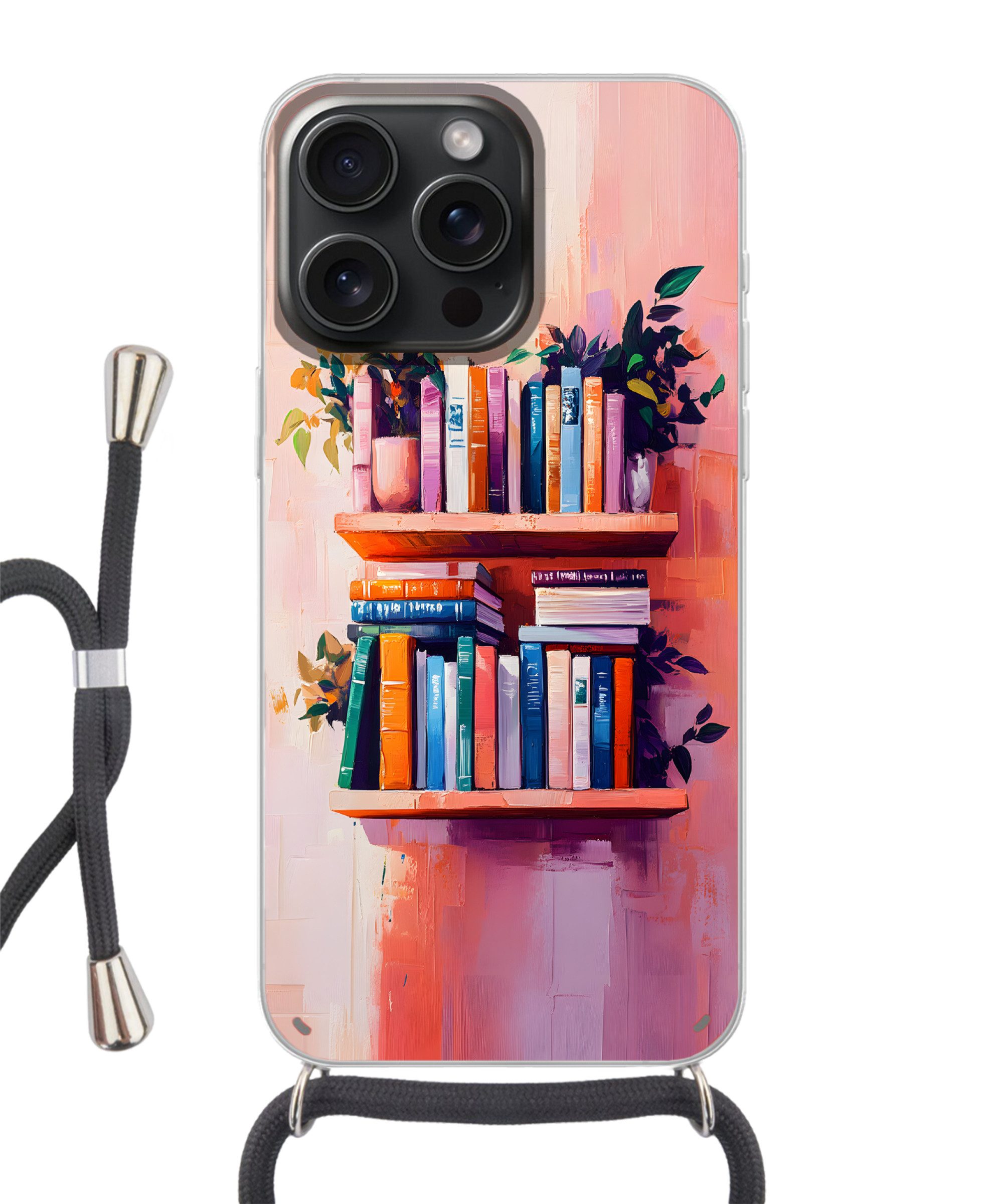 MuchoWow Handyhülle für Apple iPhone 15 Pro Max Regale - Bücher - Blätter, Tragbare Handyhüllen mit Kette zum umhängen, Handykette Handyband