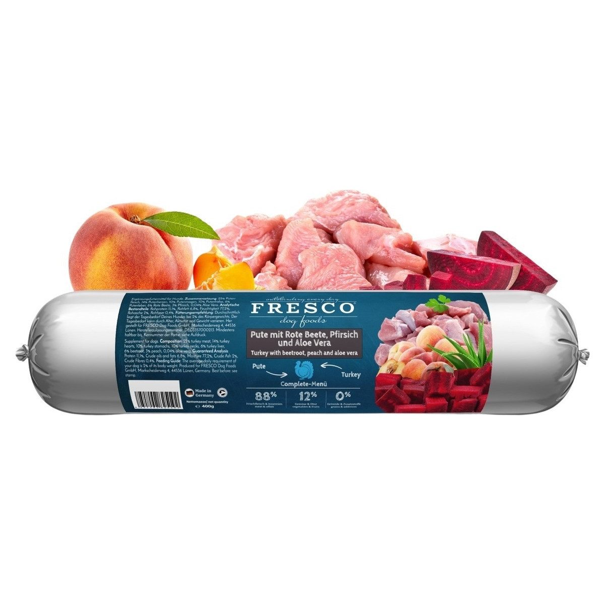 Fresco BarfWurst Pute mit Rote Beete, Pfirsich und Aloe Vera 400 g, für: Hund