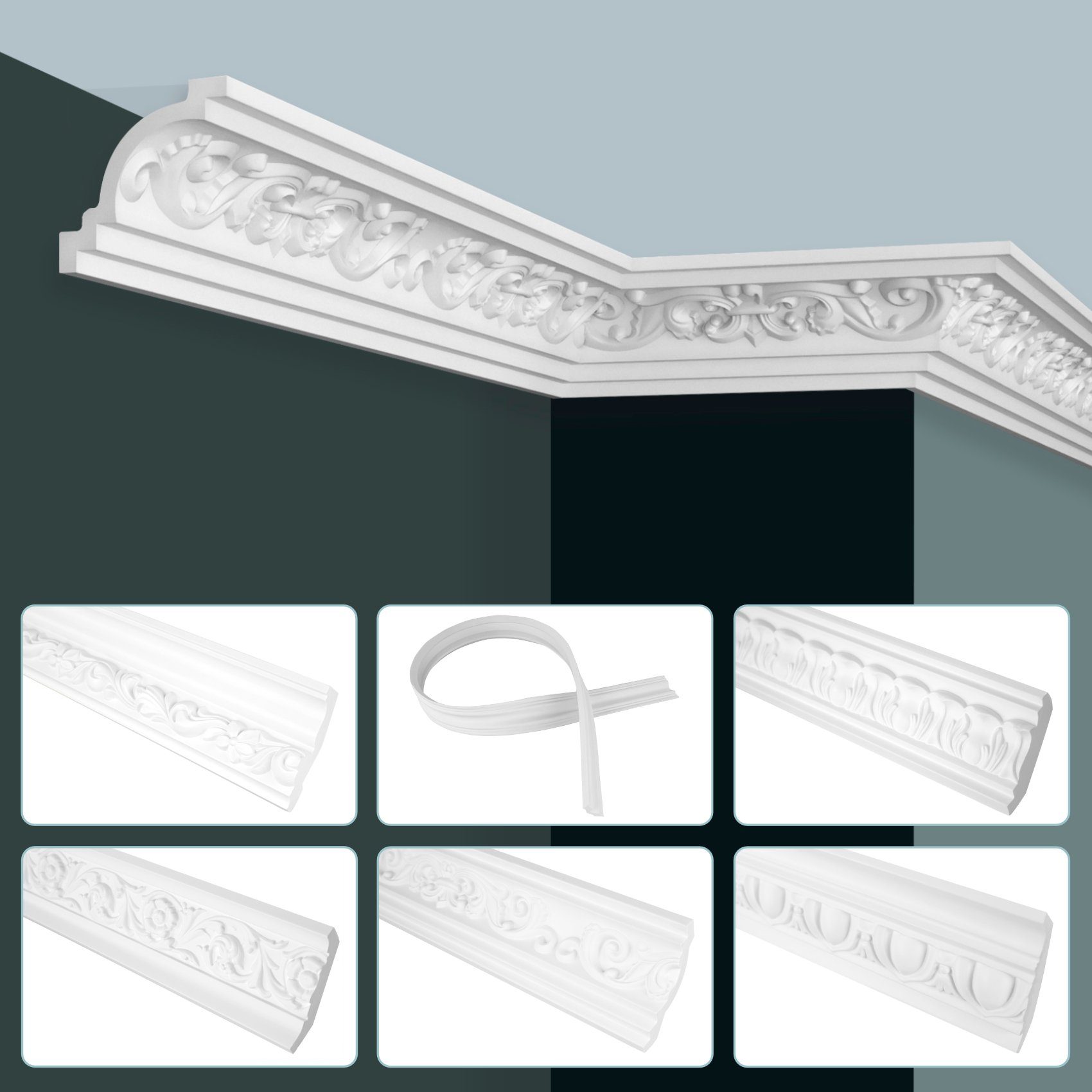 Hexim Stuckleiste, 2 Meter / 1 Leiste, Stuckleisten Decke Barock Stil, PU Hartschaum & Flexibel - 2m Deckenleisten gemustert Eckprofile Kranzleisten (2 Meter weiß)