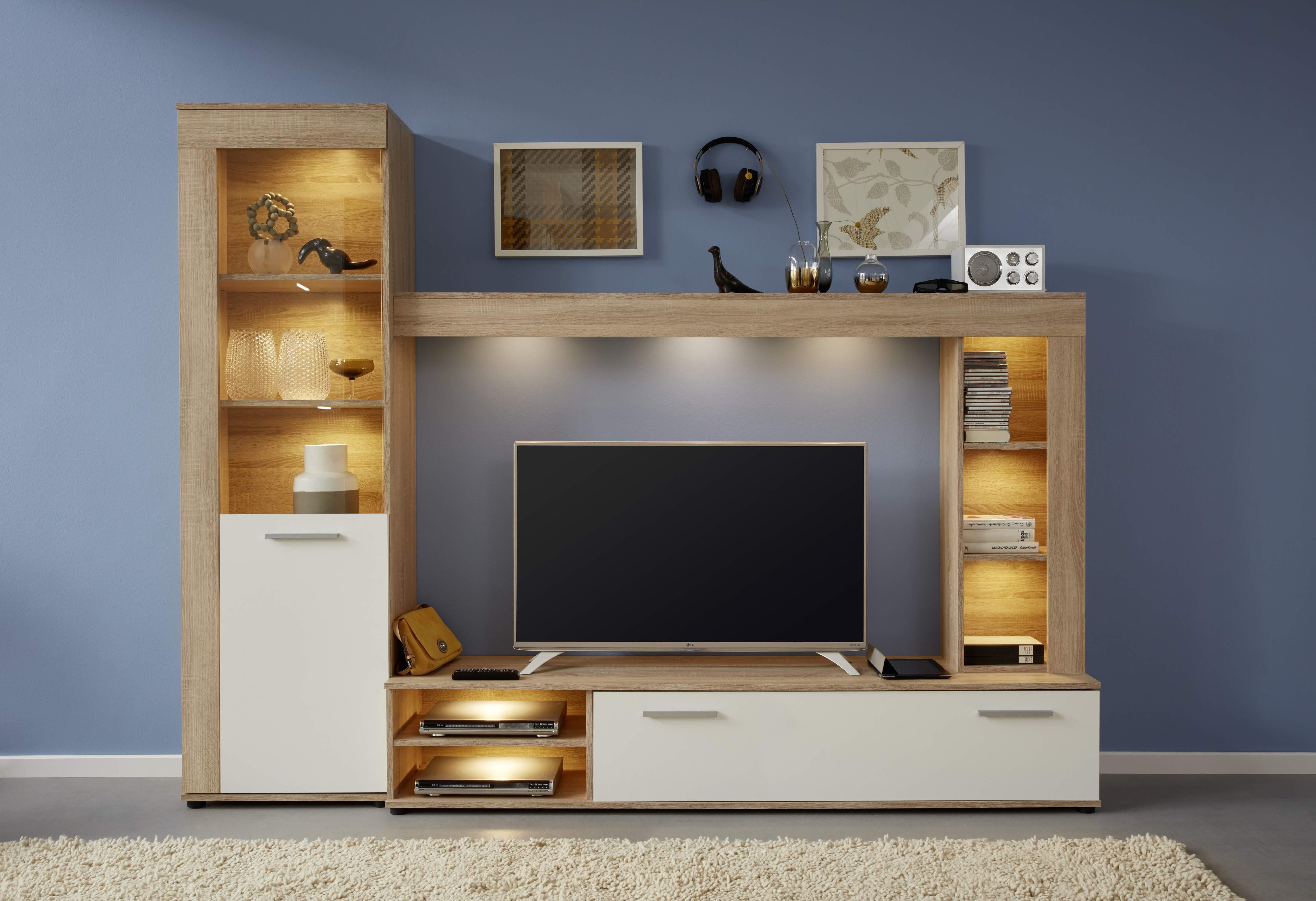 Home affaire Wohnwand Laholm, (Set, 4-St), Wohnwand mit Tür, Klappe & 6 Fächern - (B/T/H) 240/41/185 cm