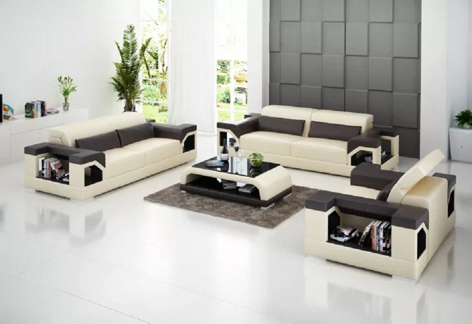 JVmoebel Sofa Couch 321 Sitzer Couchtisch Ledersofa Modernes Sofa Wohnlandschaft, Made in Europe Beige/Braun