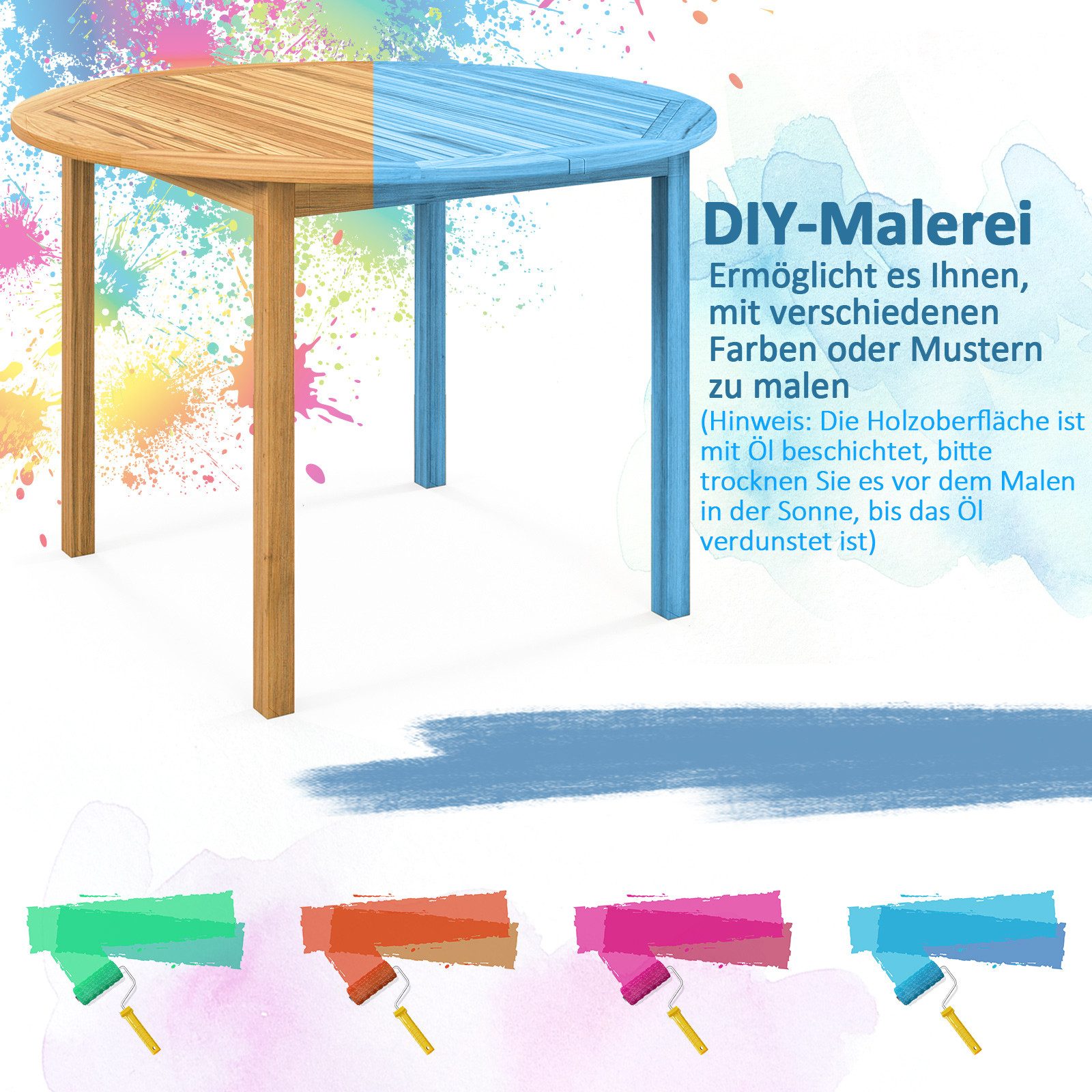 COSTWAY Gartentisch, rund, Esstisch 4 Personen, Akazienholz, wetterfest