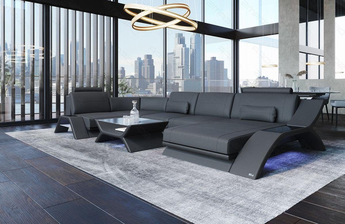 Form Multifunktions-Console U Wohnlandschaft Beleuchtung, Ledersofa, Calabria Couch, Dreams USB Anschluss Sofa LED Leder Sofa und mit